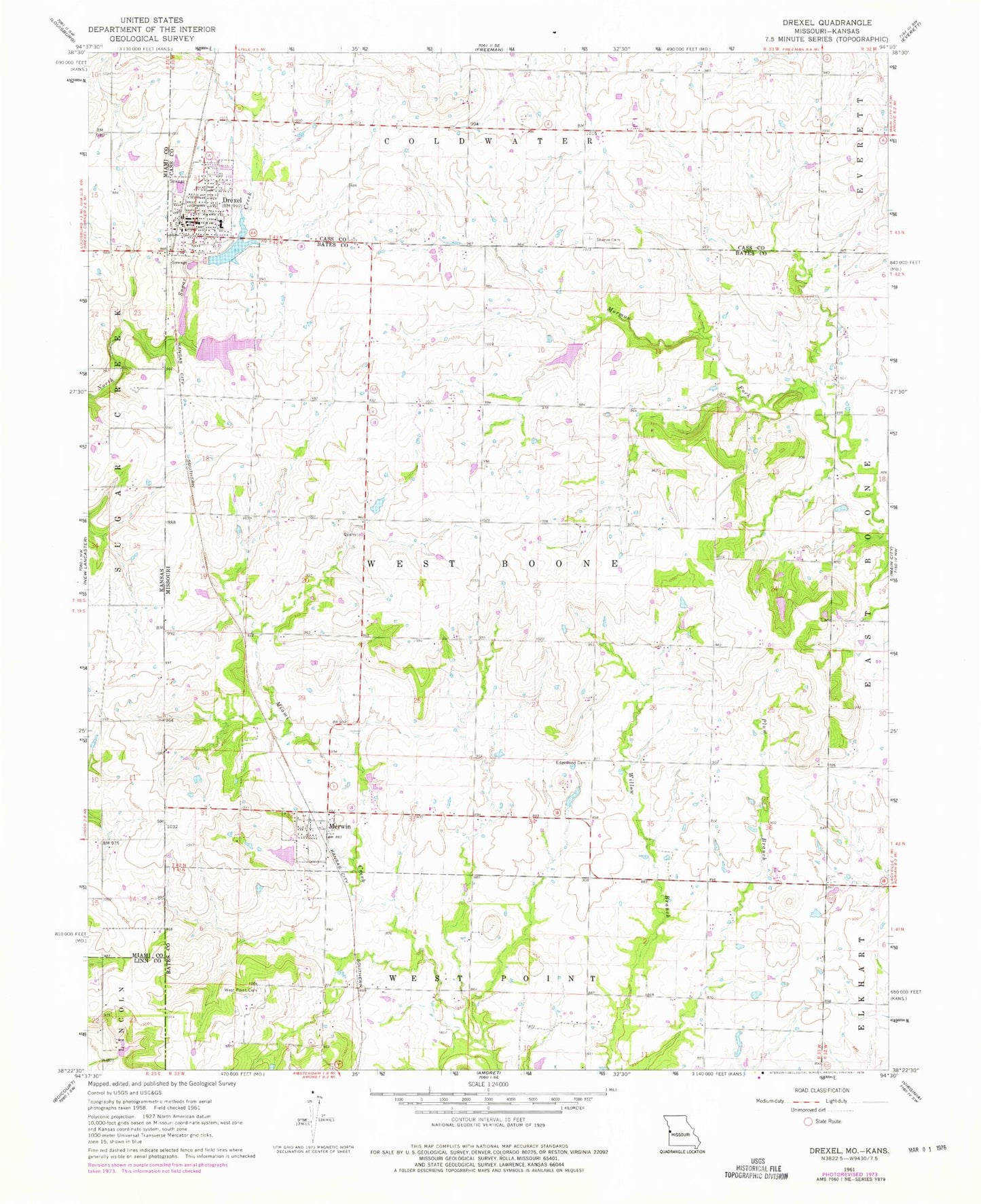 Classic USGS Drexel Missouri 7.5'x7.5' Topo Map Image