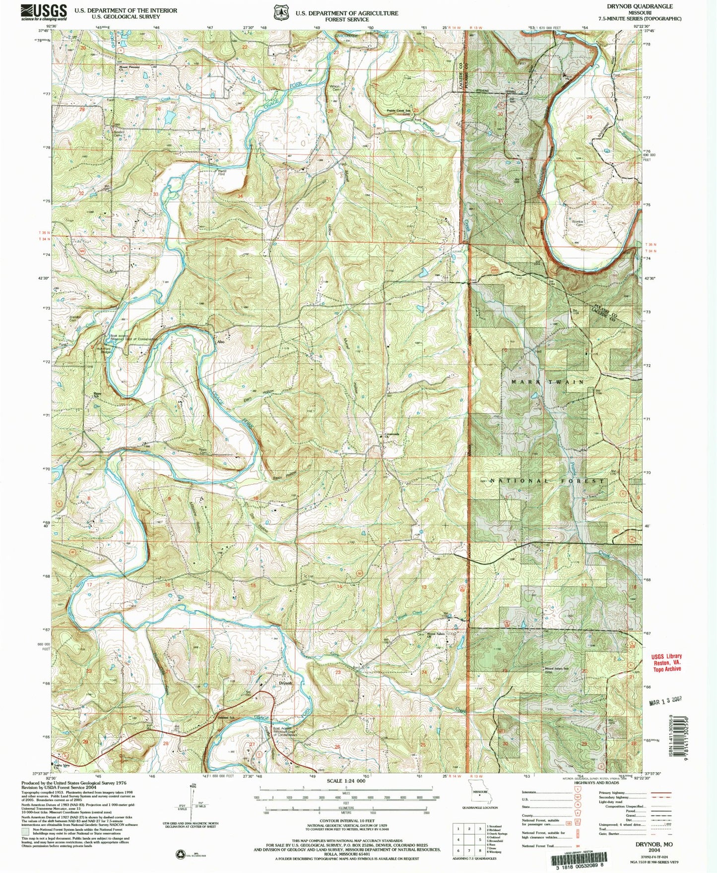 Classic USGS Drynob Missouri 7.5'x7.5' Topo Map Image