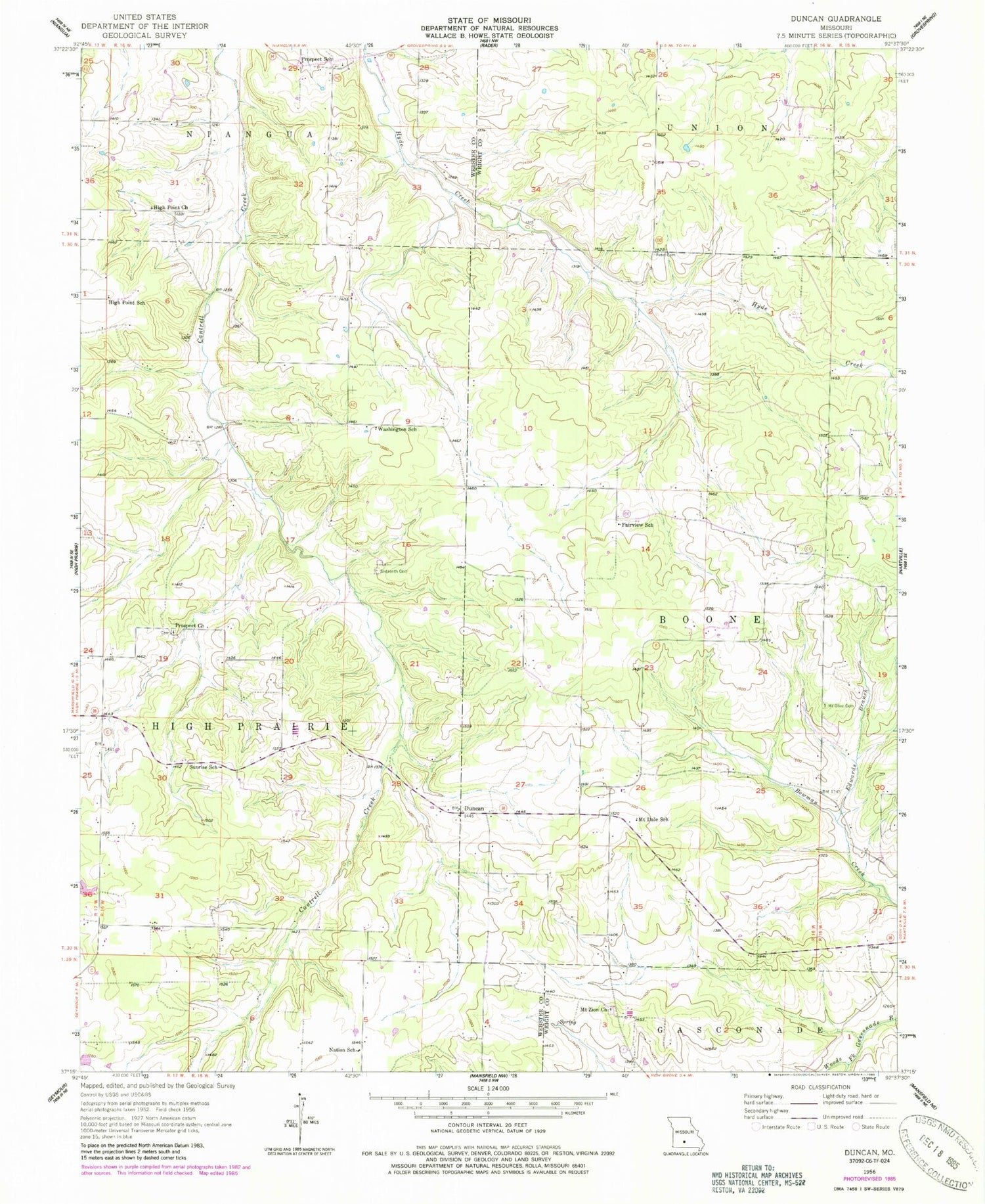 Classic USGS Duncan Missouri 7.5'x7.5' Topo Map Image