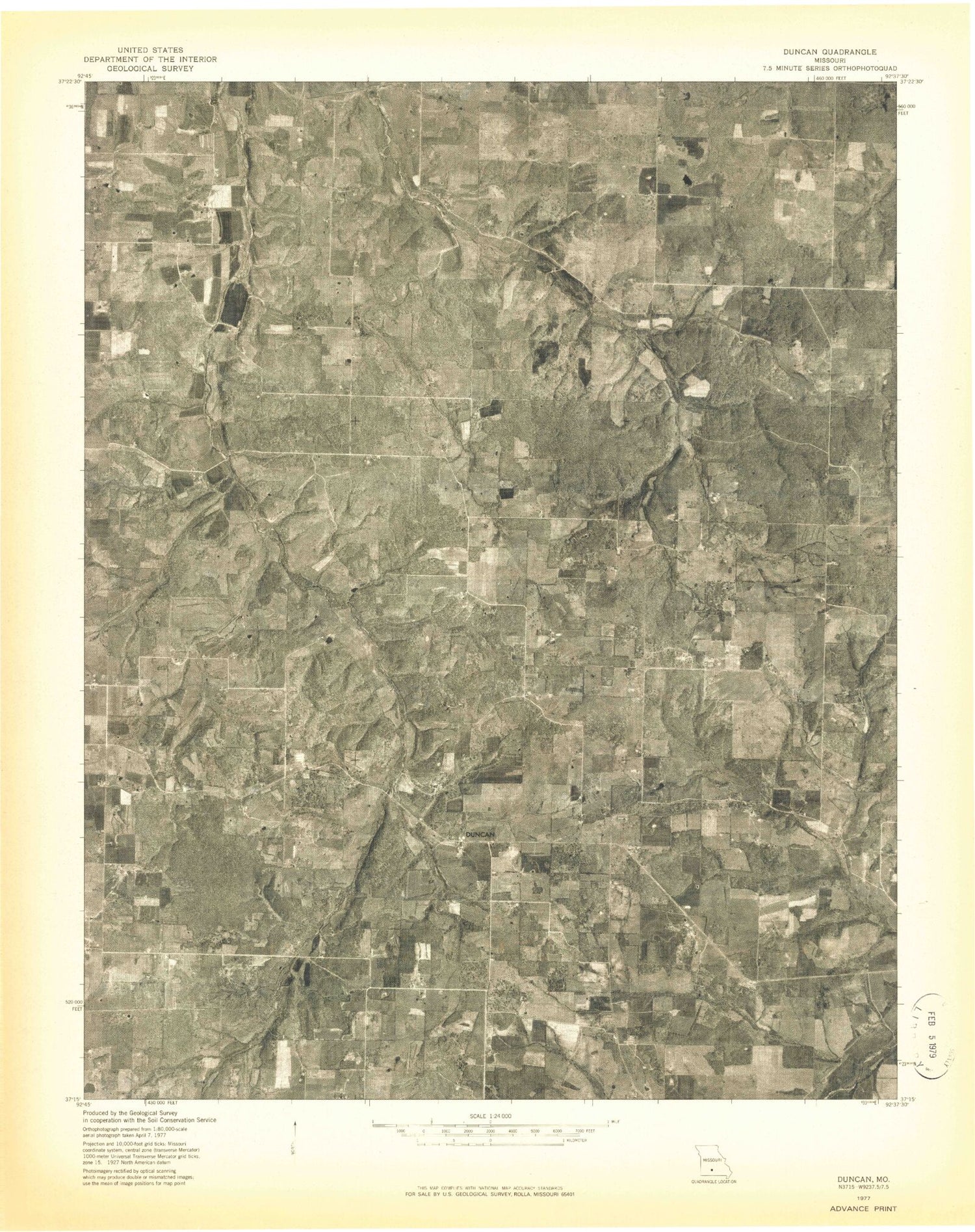Classic USGS Duncan Missouri 7.5'x7.5' Topo Map Image