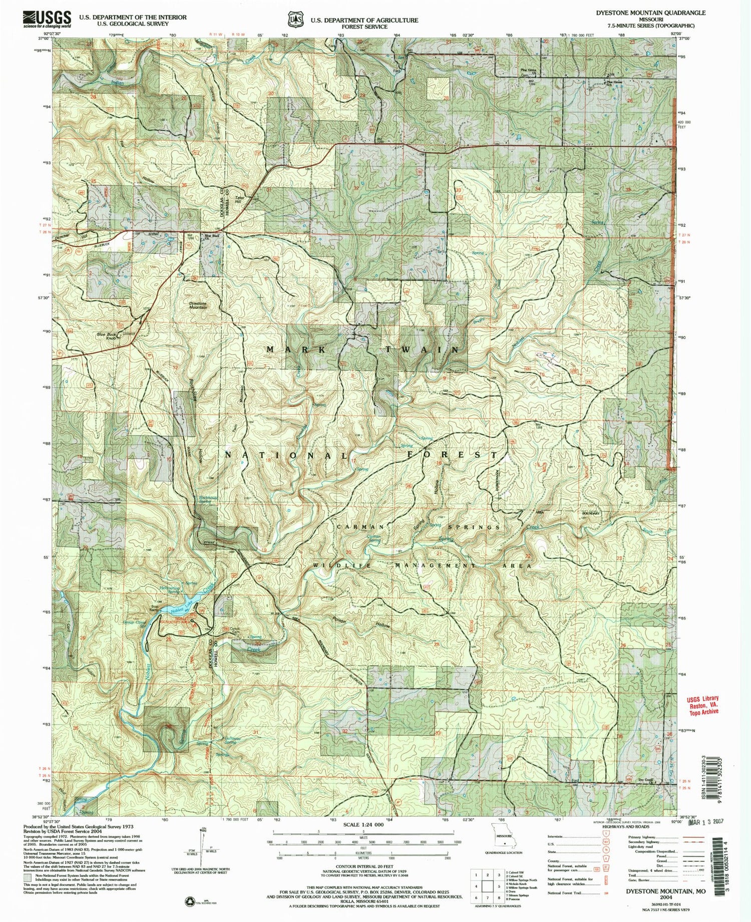 Classic USGS Dyestone Mountain Missouri 7.5'x7.5' Topo Map Image