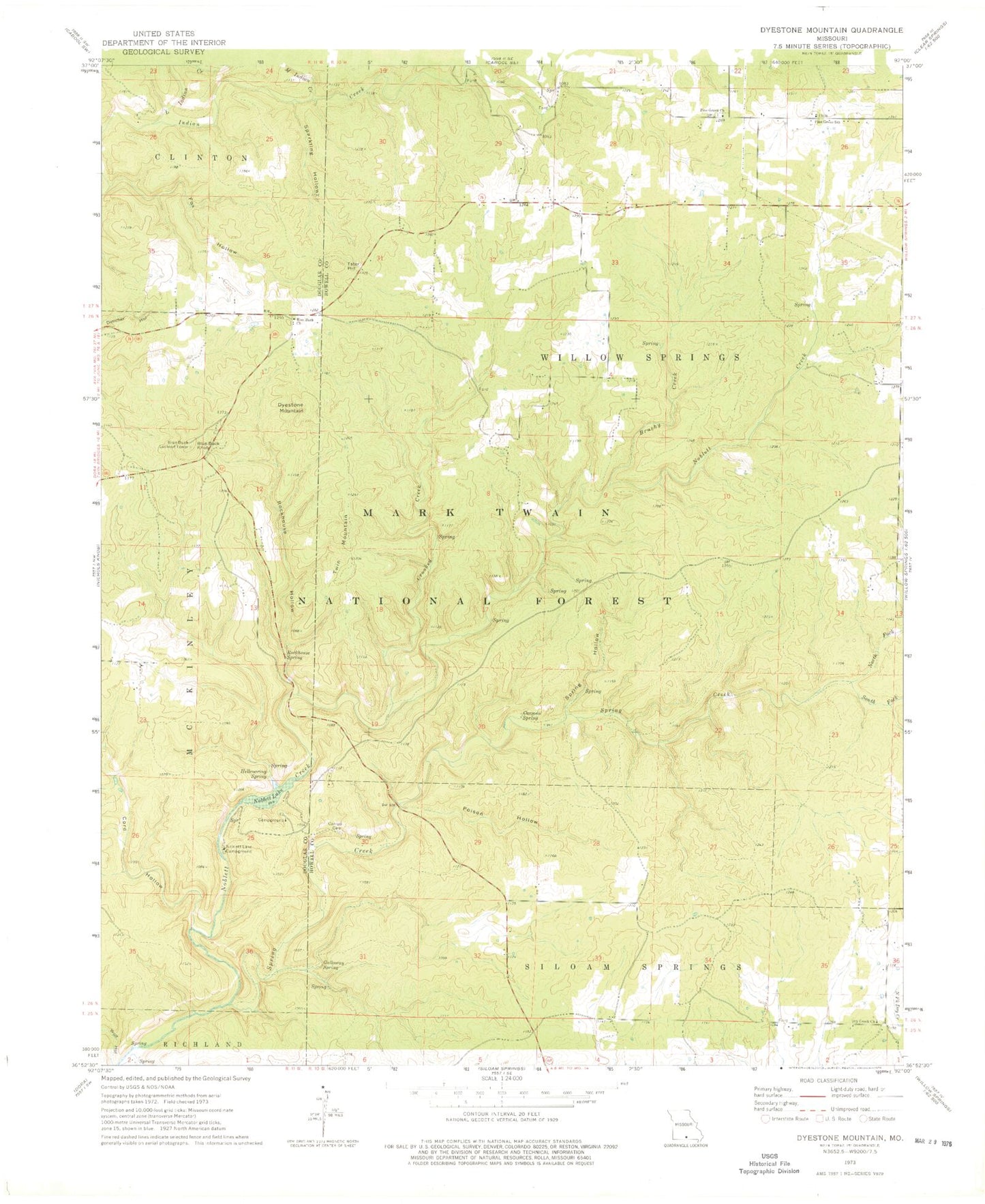 Classic USGS Dyestone Mountain Missouri 7.5'x7.5' Topo Map Image