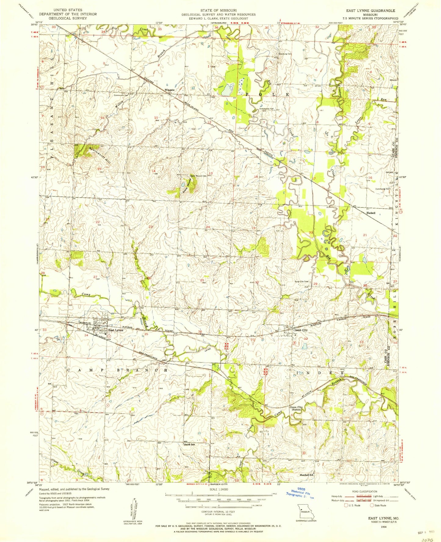 Classic USGS East Lynne Missouri 7.5'x7.5' Topo Map Image