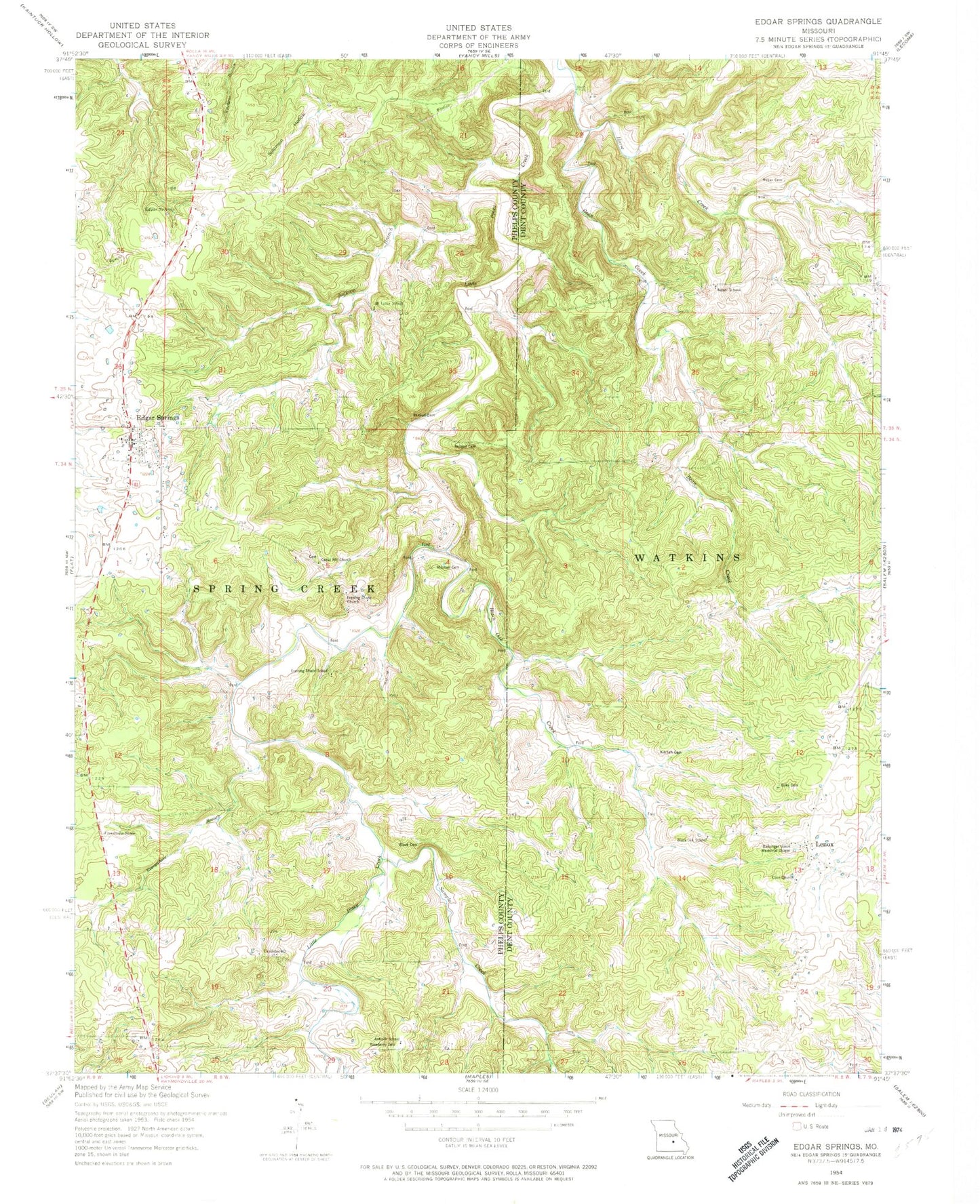 Classic USGS Edgar Springs Missouri 7.5'x7.5' Topo Map Image