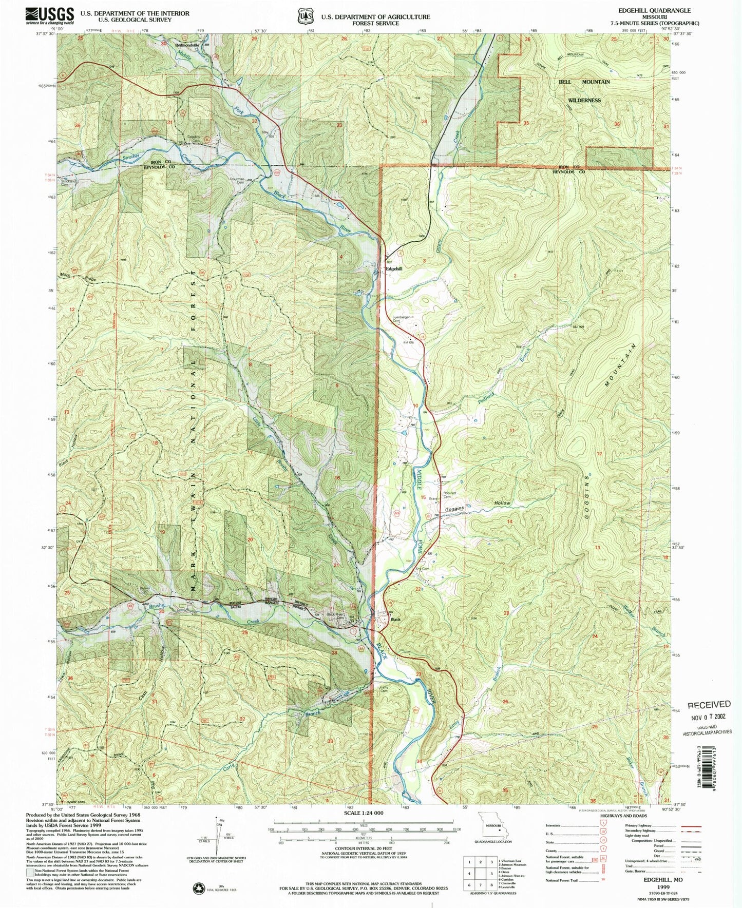 Classic USGS Edgehill Missouri 7.5'x7.5' Topo Map Image
