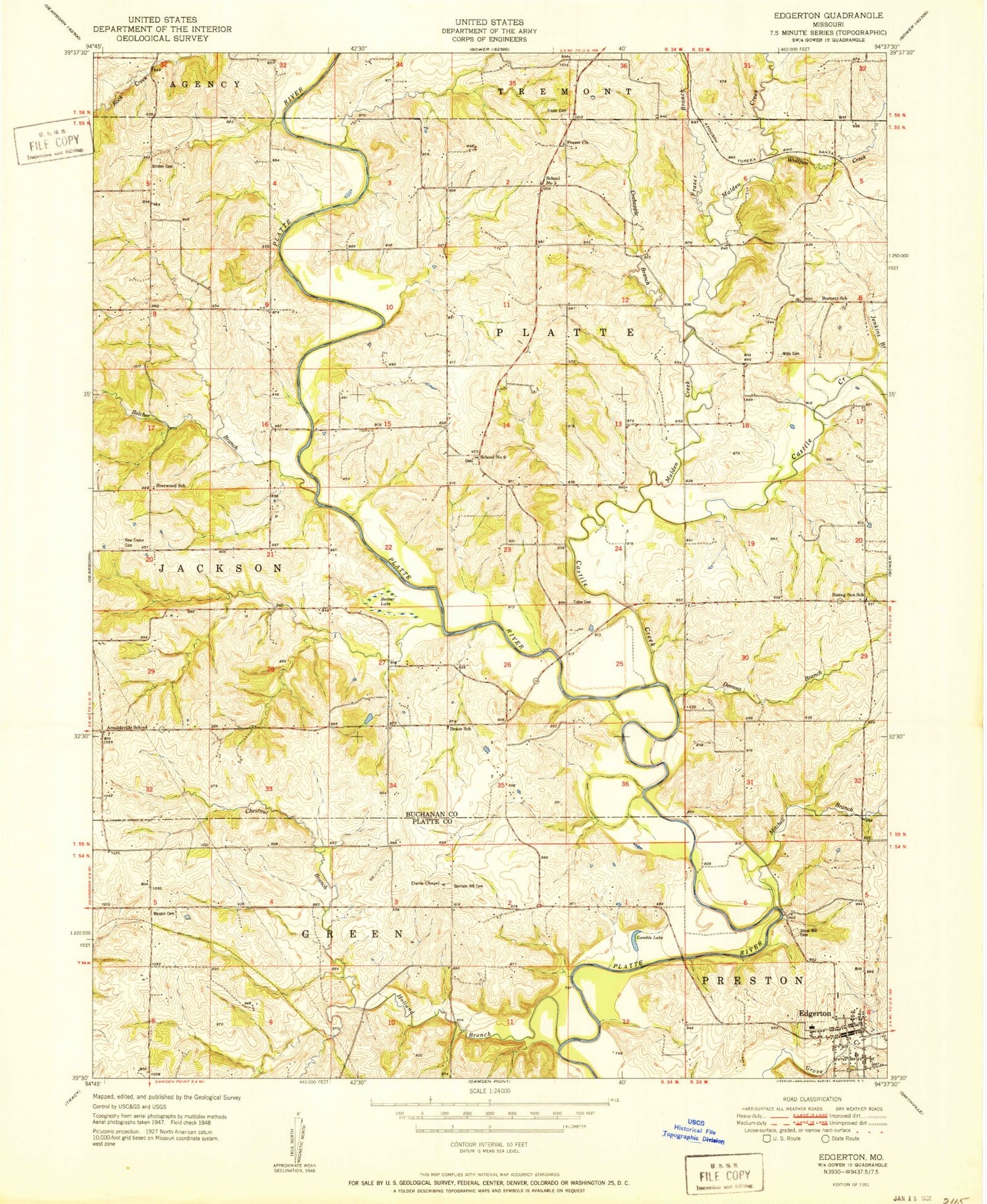 Classic USGS Edgerton Missouri 7.5'x7.5' Topo Map Image