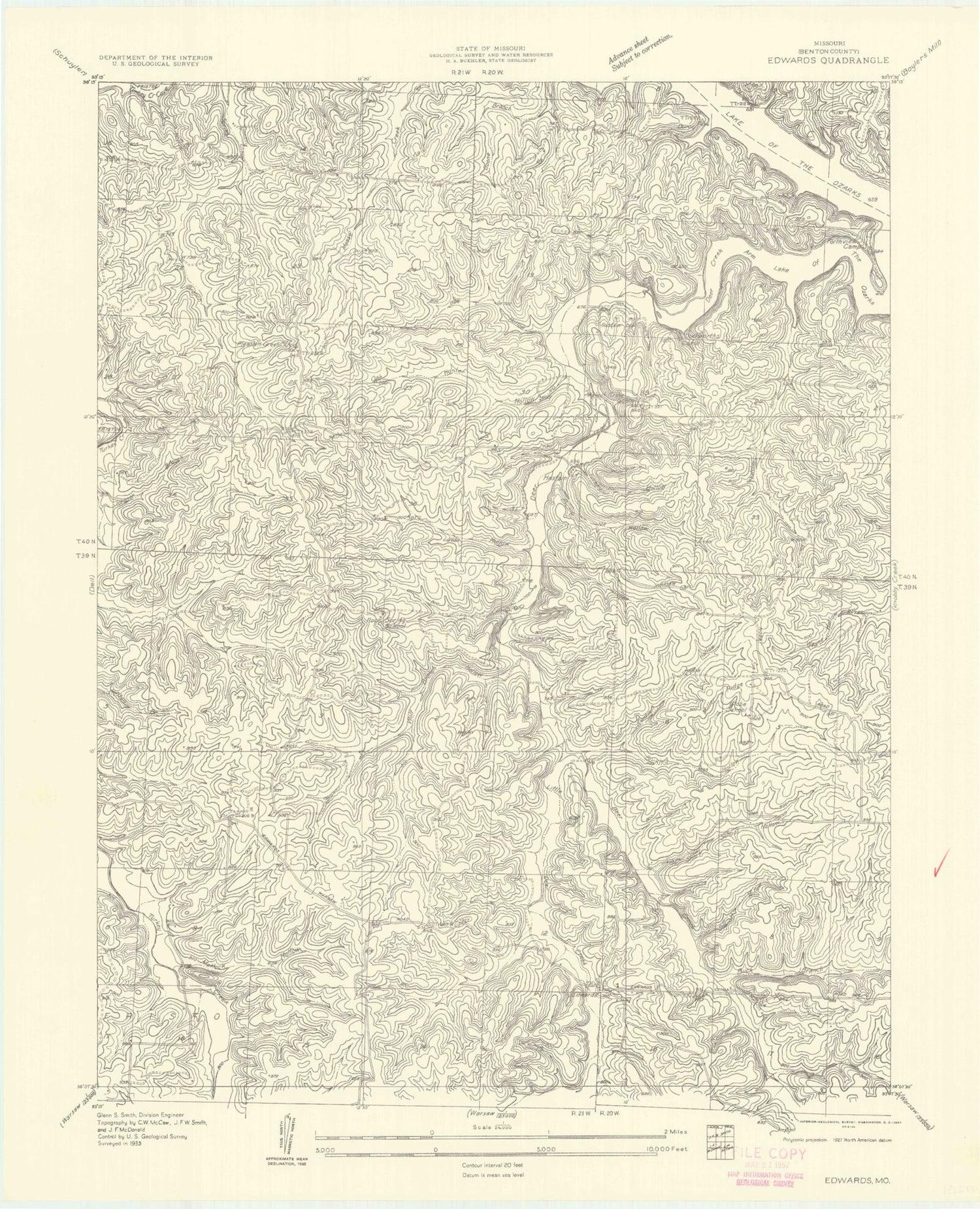 Classic USGS Edwards Missouri 7.5'x7.5' Topo Map Image