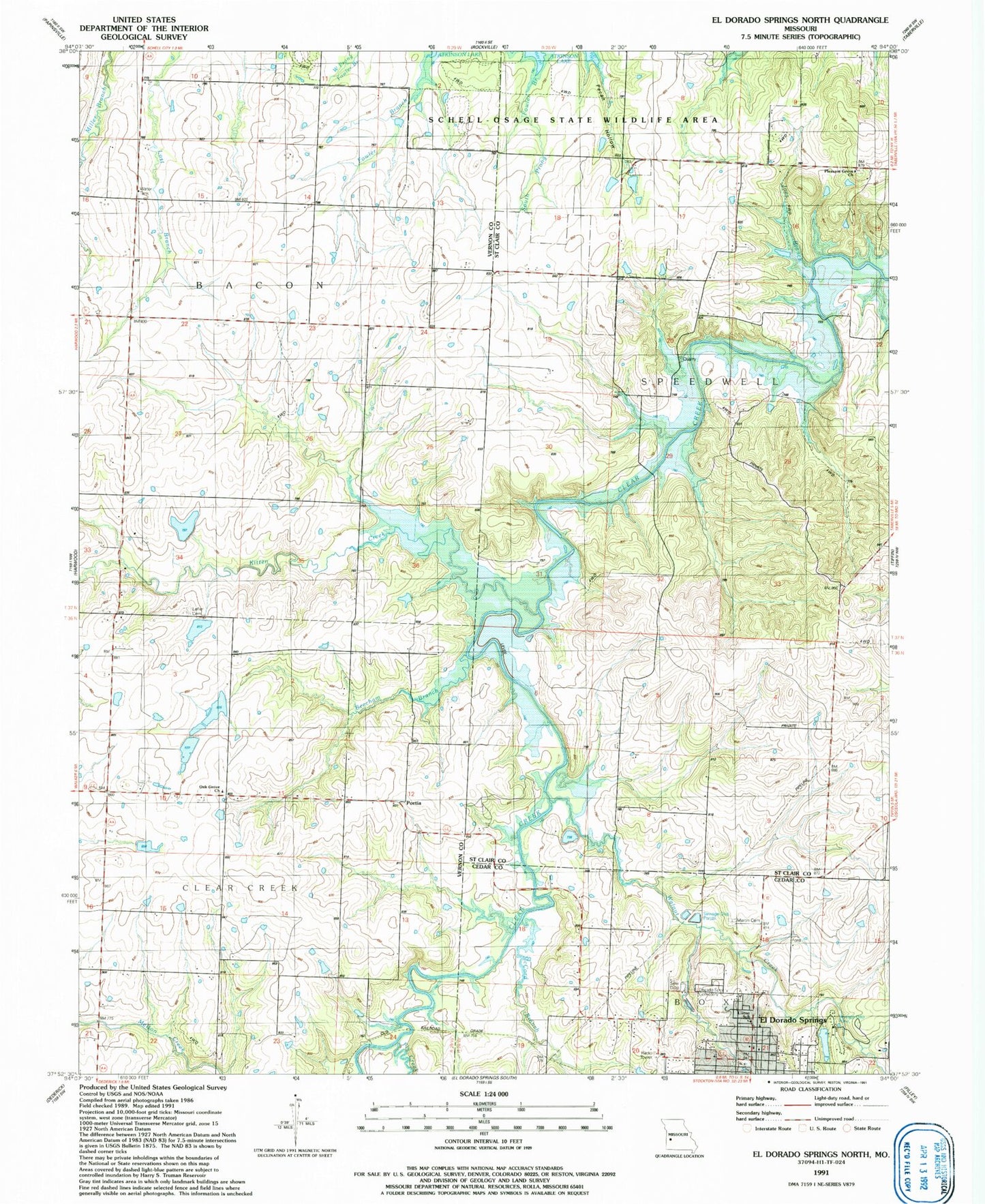 Classic USGS El Dorado Springs North Missouri 7.5'x7.5' Topo Map Image
