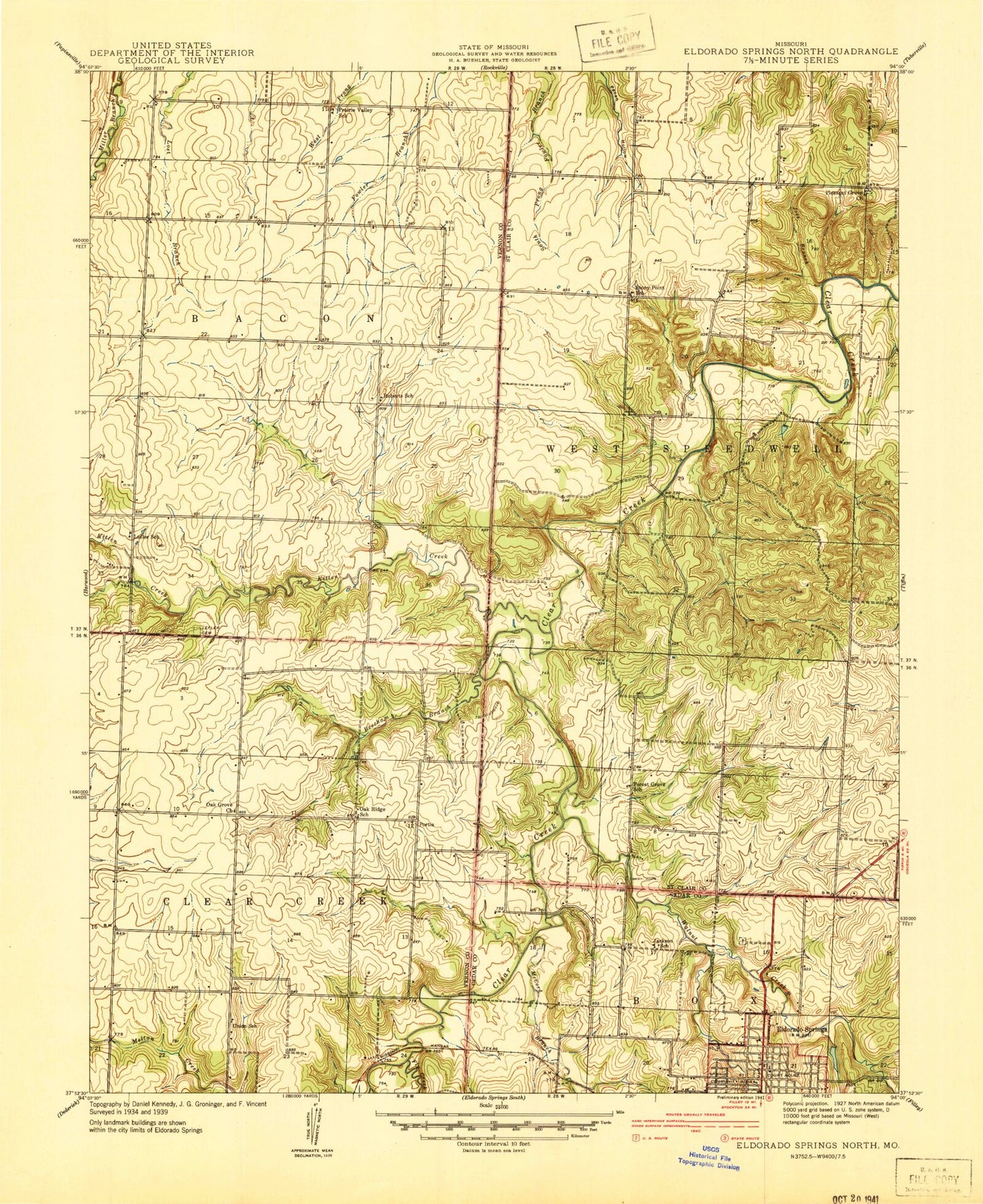 Classic USGS El Dorado Springs North Missouri 7.5'x7.5' Topo Map Image