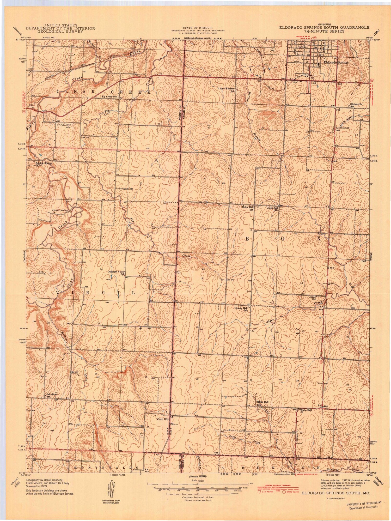Classic USGS El Dorado Springs South Missouri 7.5'x7.5' Topo Map Image