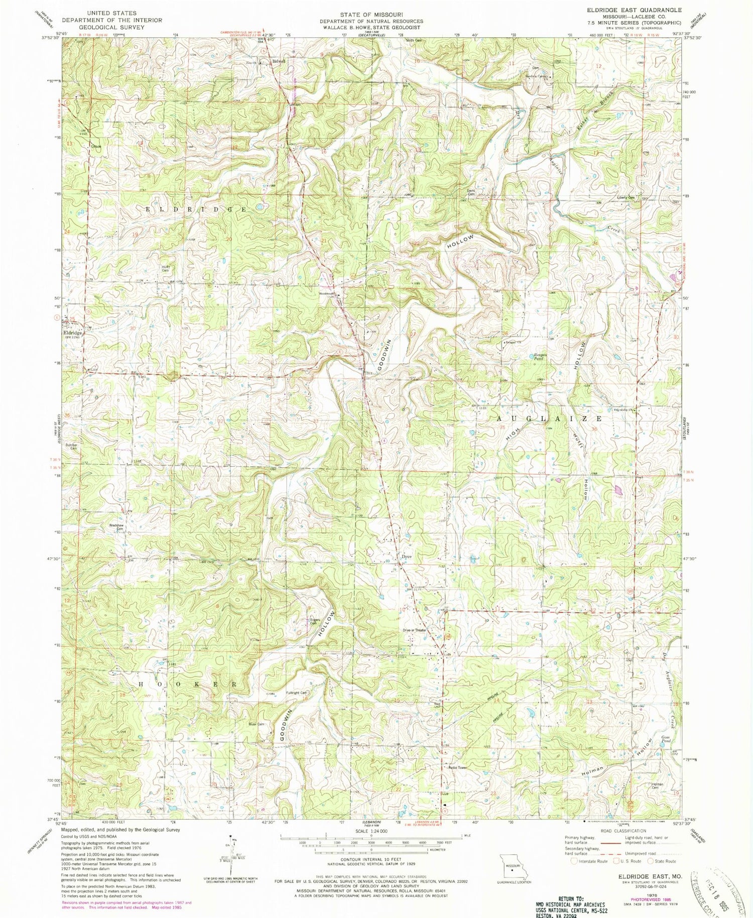 Classic USGS Eldridge East Missouri 7.5'x7.5' Topo Map Image