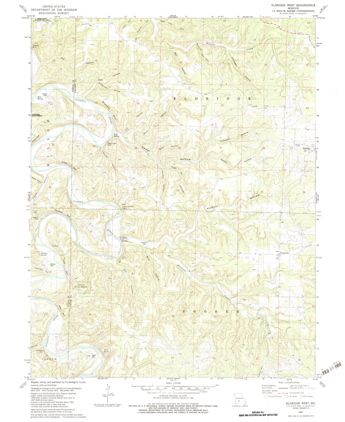 Classic USGS Eldridge West Missouri 7.5'x7.5' Topo Map Image