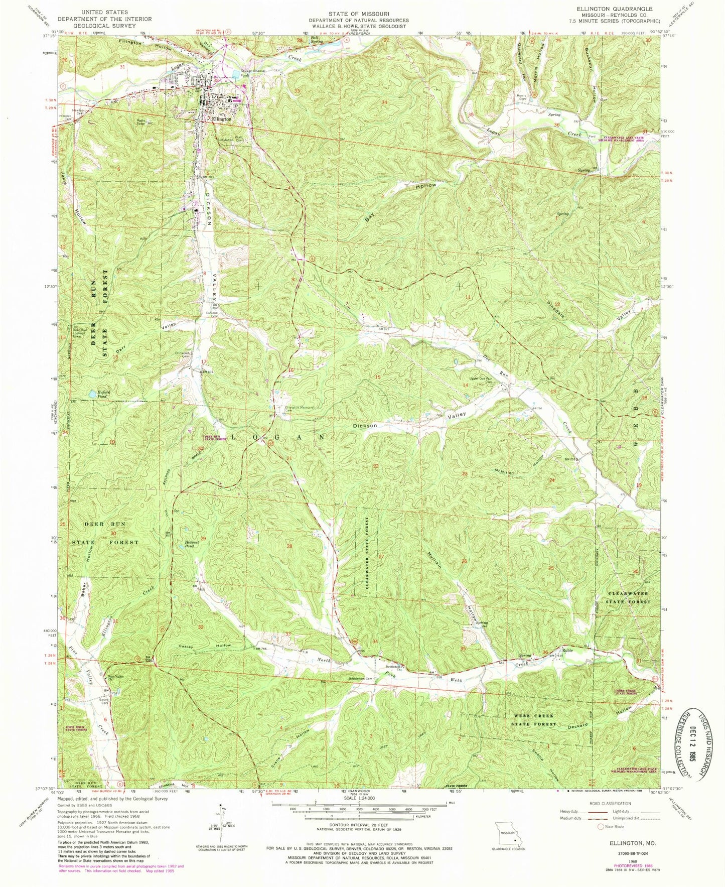 Classic USGS Ellington Missouri 7.5'x7.5' Topo Map Image