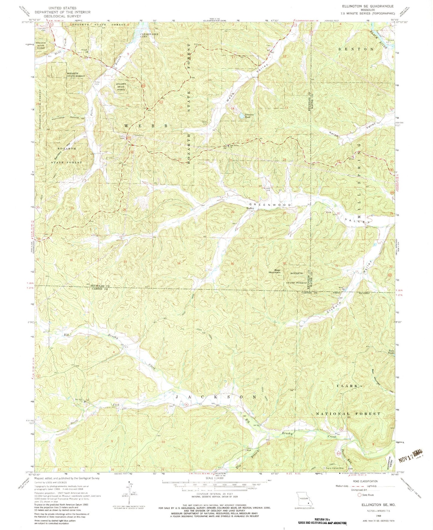 Classic USGS Ellington SE Missouri 7.5'x7.5' Topo Map Image