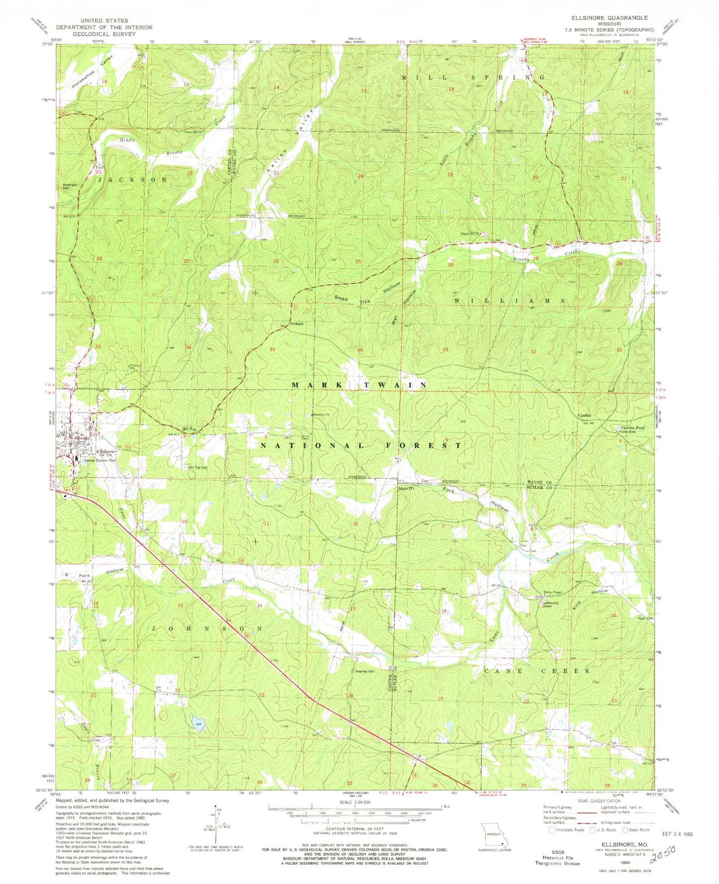 Classic USGS Ellsinore Missouri 7.5'x7.5' Topo Map Image