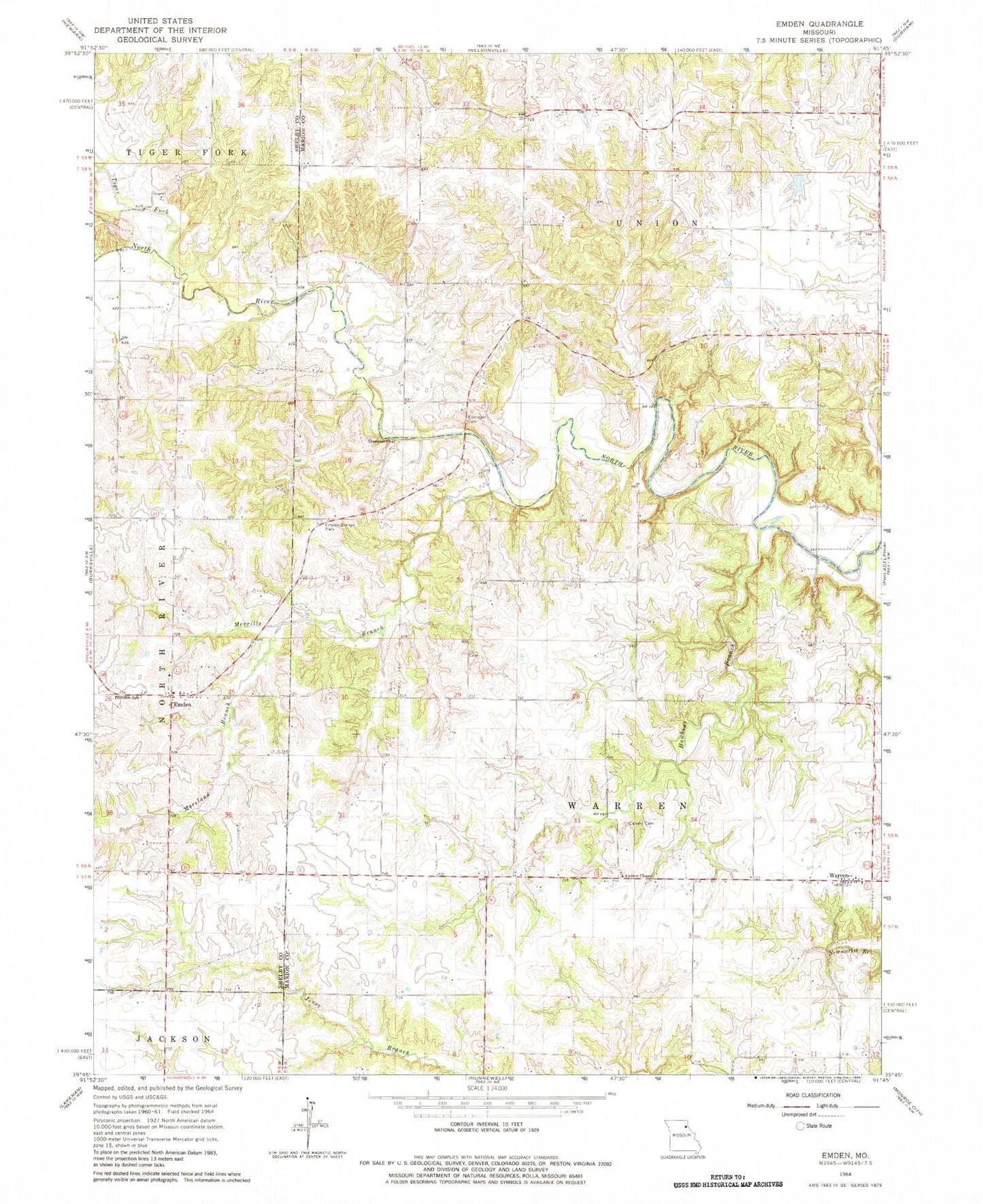 Classic USGS Emden Missouri 7.5'x7.5' Topo Map Image