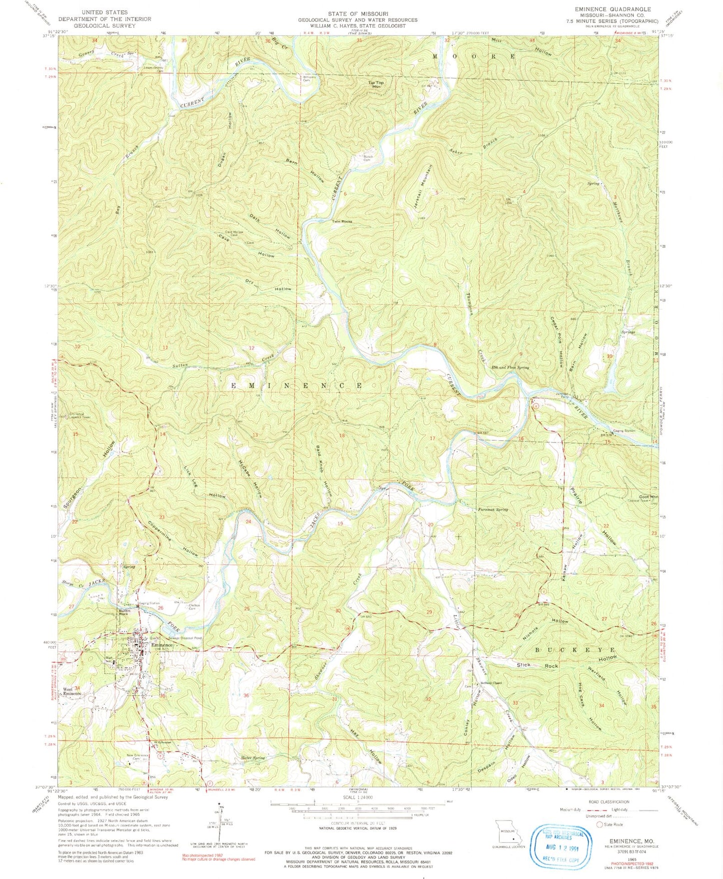 Classic USGS Eminence Missouri 7.5'x7.5' Topo Map Image