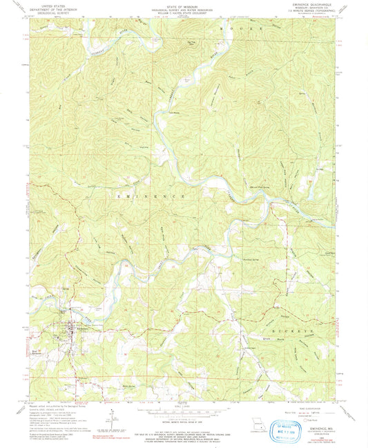 Classic USGS Eminence Missouri 7.5'x7.5' Topo Map Image