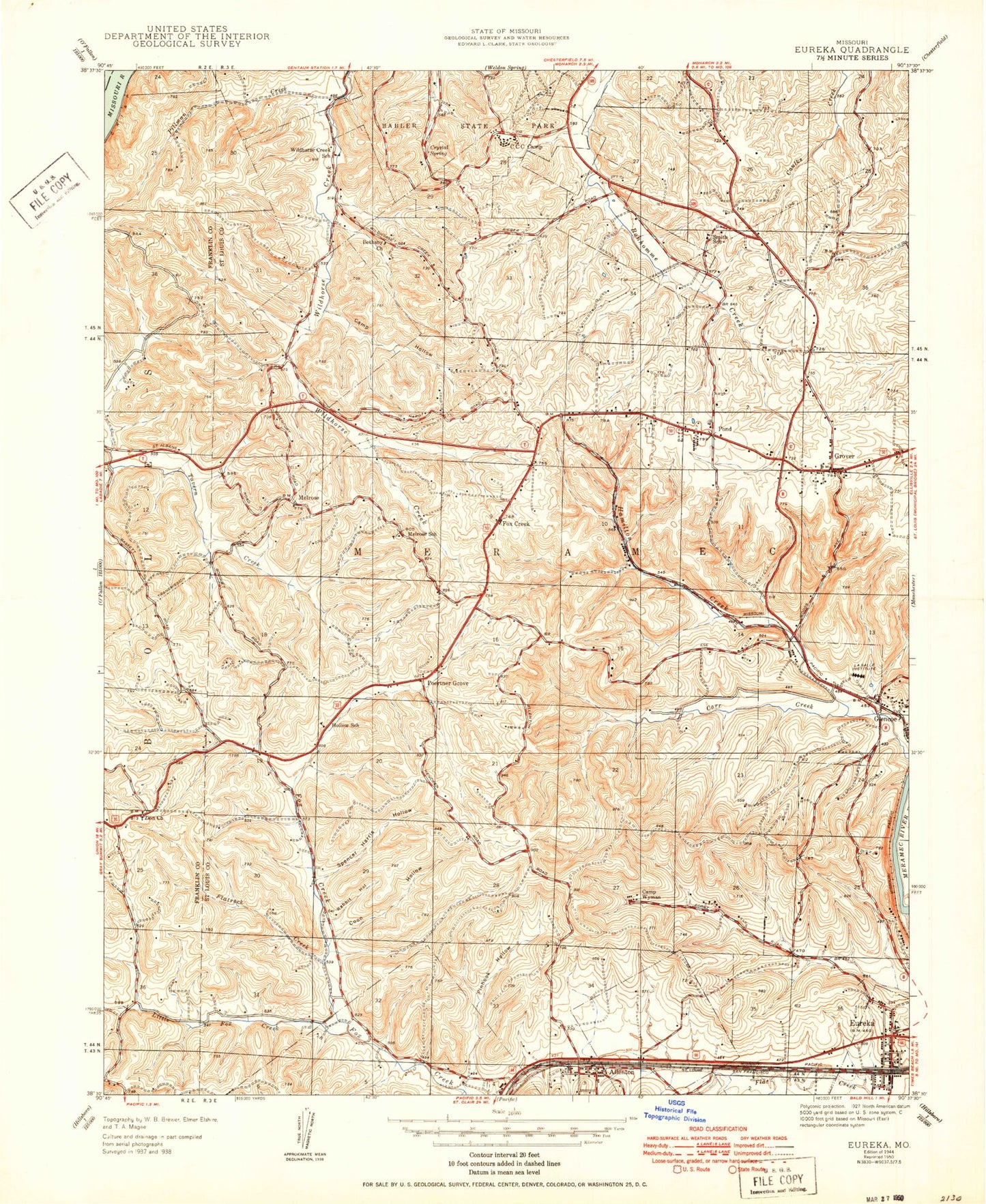 Classic USGS Eureka Missouri 7.5'x7.5' Topo Map Image