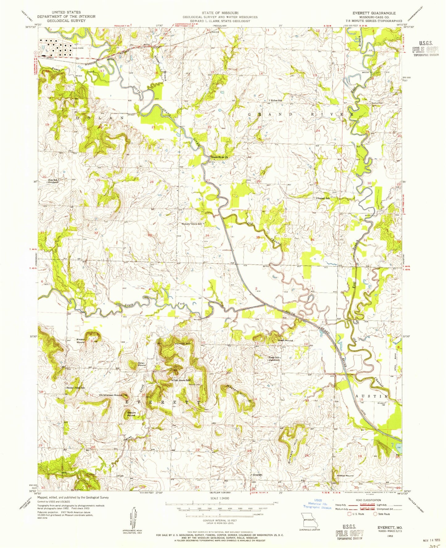Classic USGS Everett Missouri 7.5'x7.5' Topo Map Image