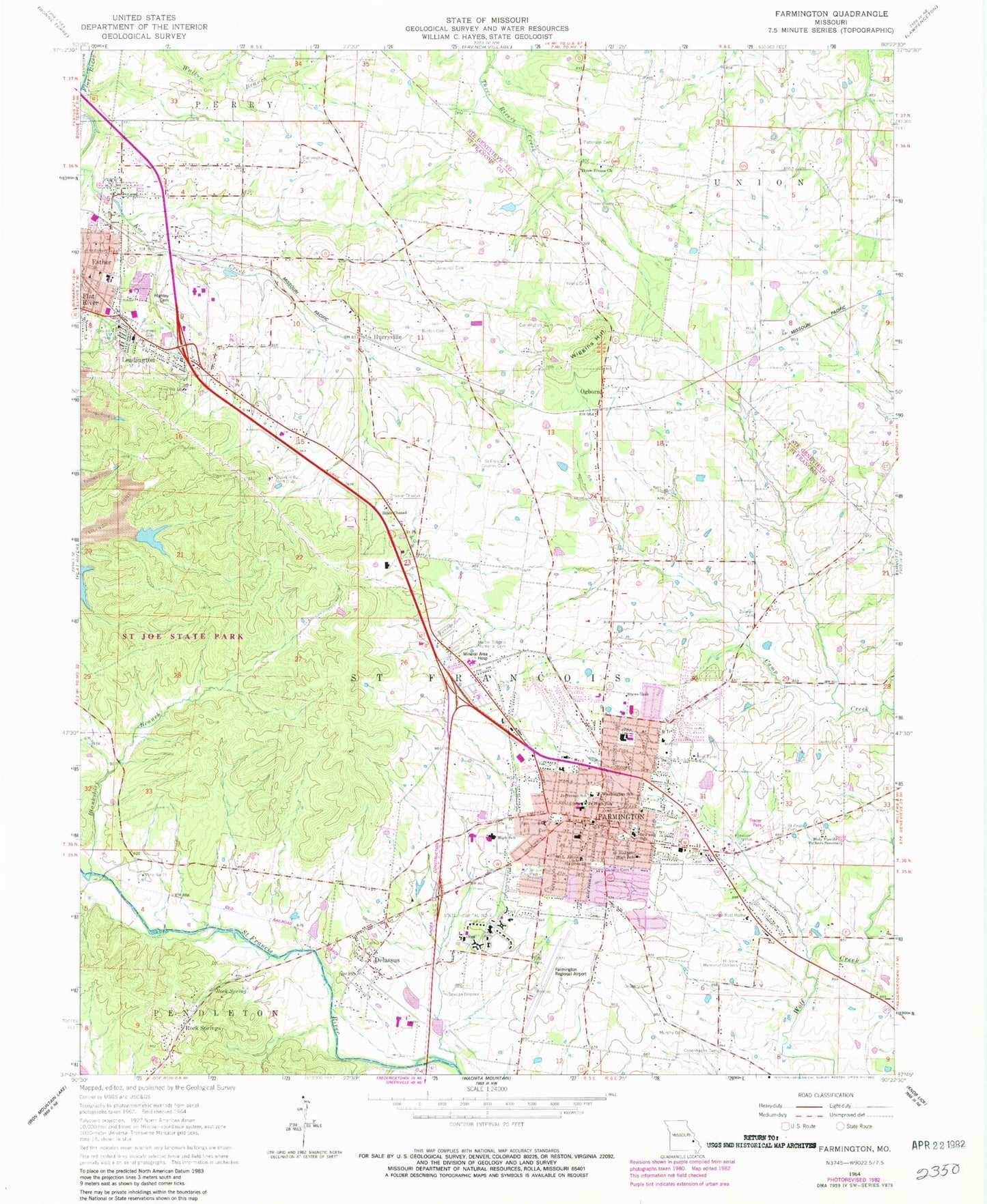 Classic USGS Farmington Missouri 7.5'x7.5' Topo Map Image