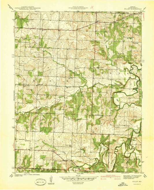 Classic USGS Filley Missouri 7.5'x7.5' Topo Map Image