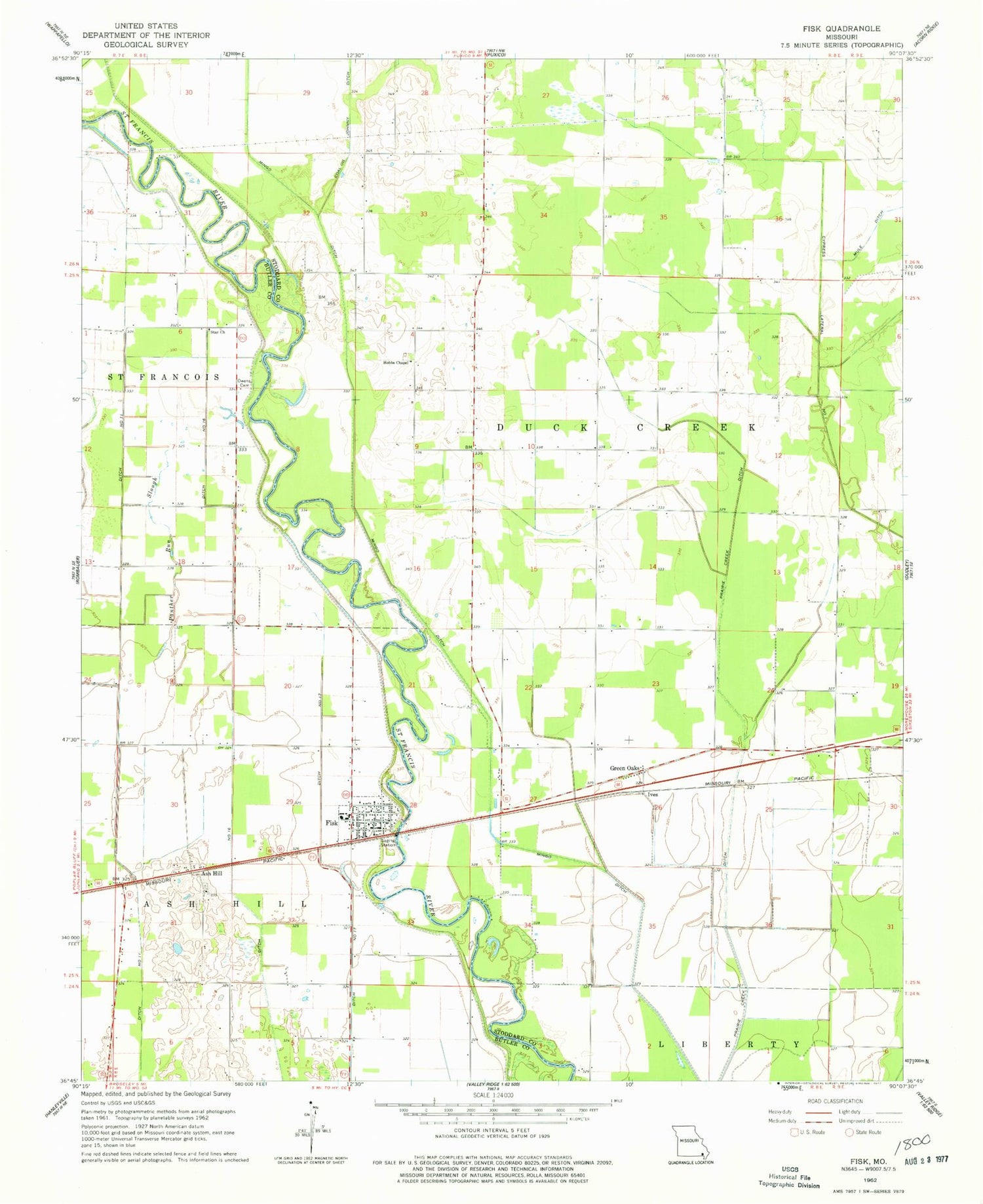 Classic USGS Fisk Missouri 7.5'x7.5' Topo Map Image