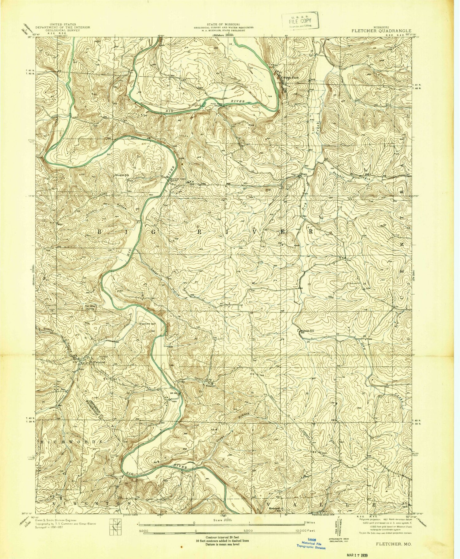 Classic USGS Fletcher Missouri 7.5'x7.5' Topo Map Image