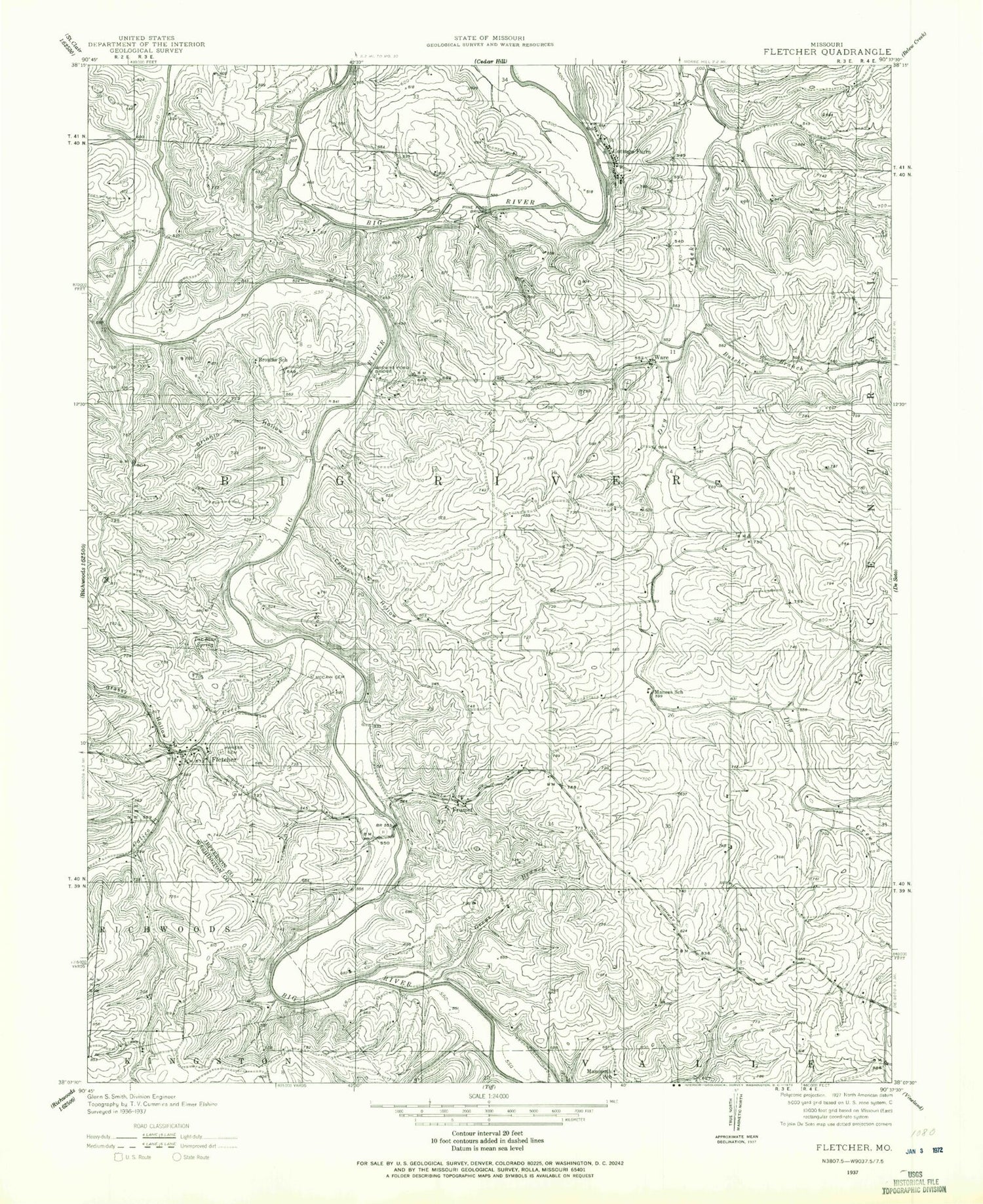 Classic USGS Fletcher Missouri 7.5'x7.5' Topo Map Image