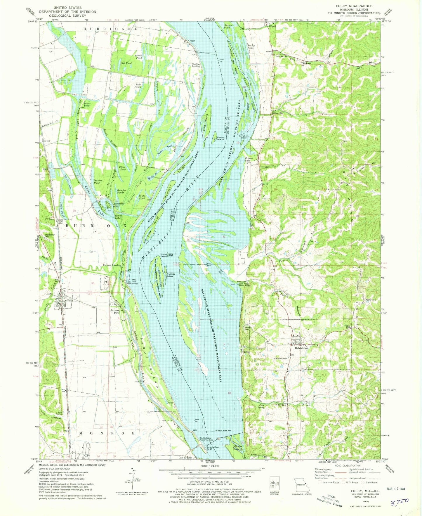 Classic USGS Foley Missouri 7.5'x7.5' Topo Map Image