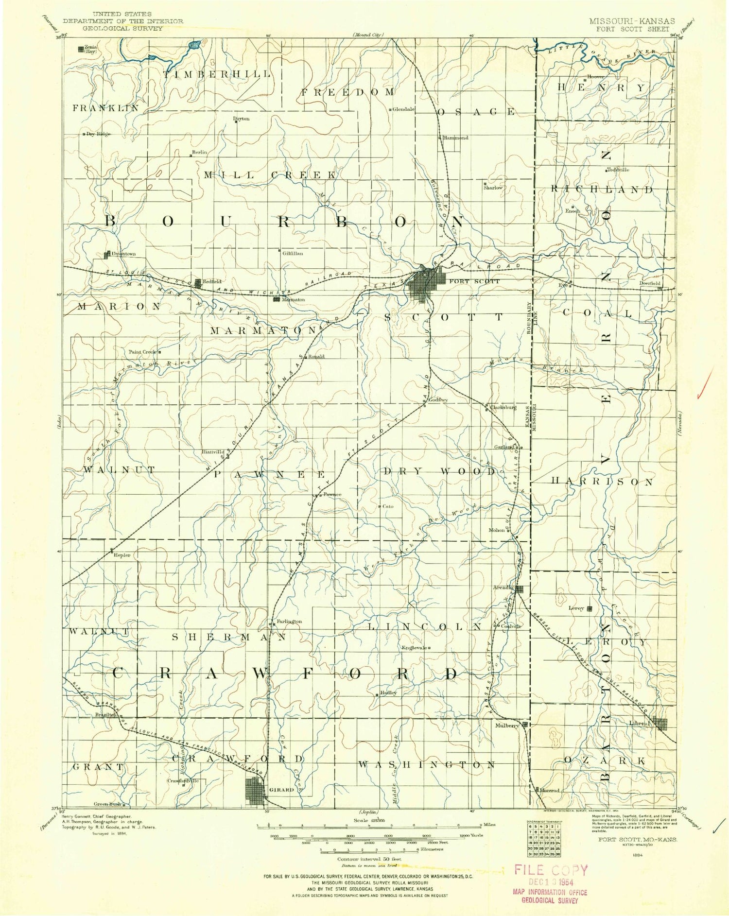 Historic 1884 Fort Scott Kansas 30'x30' Topo Map Image