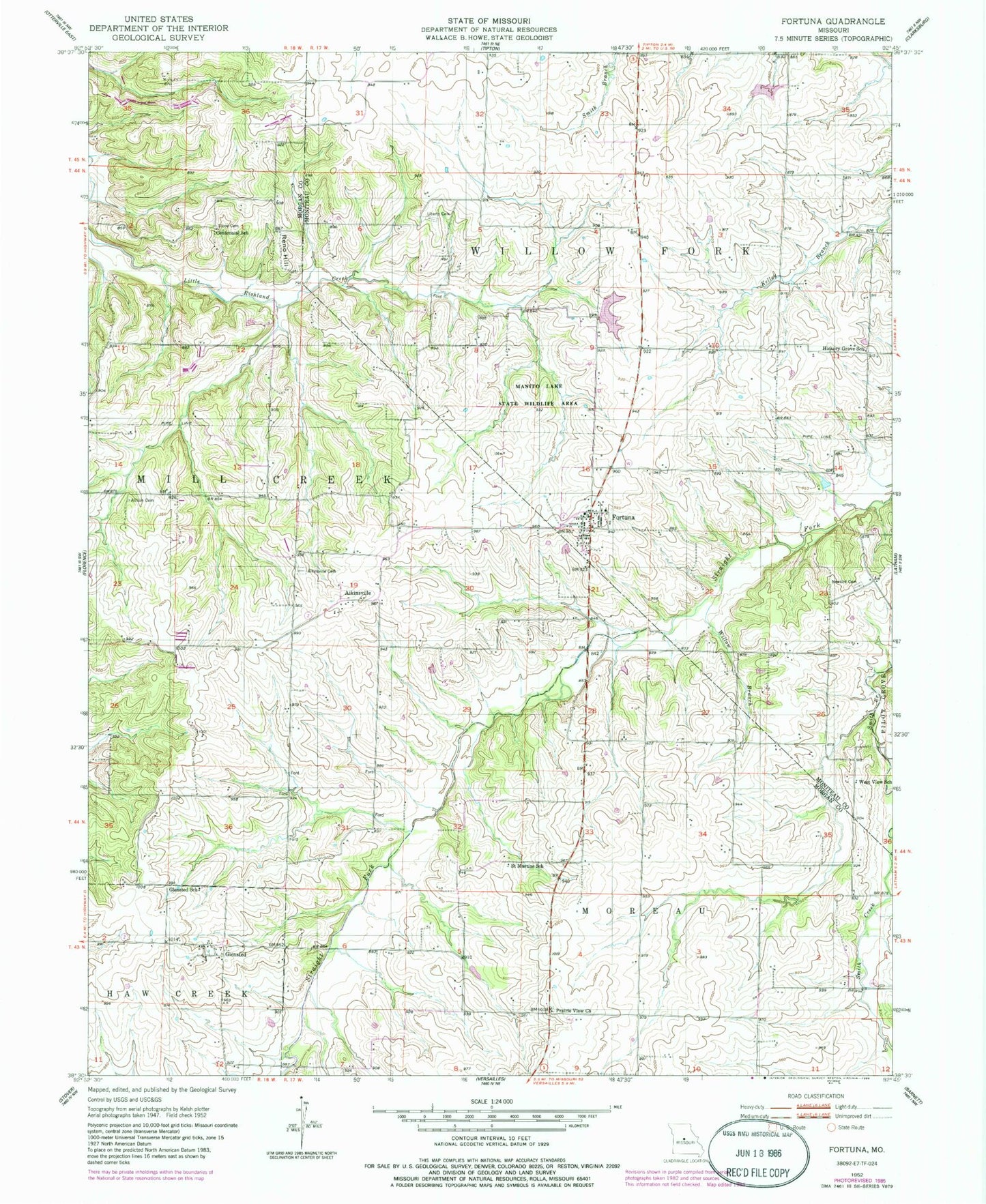 Classic USGS Fortuna Missouri 7.5'x7.5' Topo Map Image