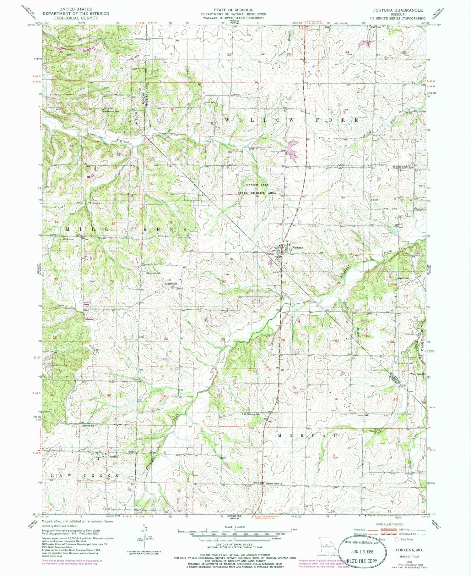 Classic USGS Fortuna Missouri 7.5'x7.5' Topo Map Image