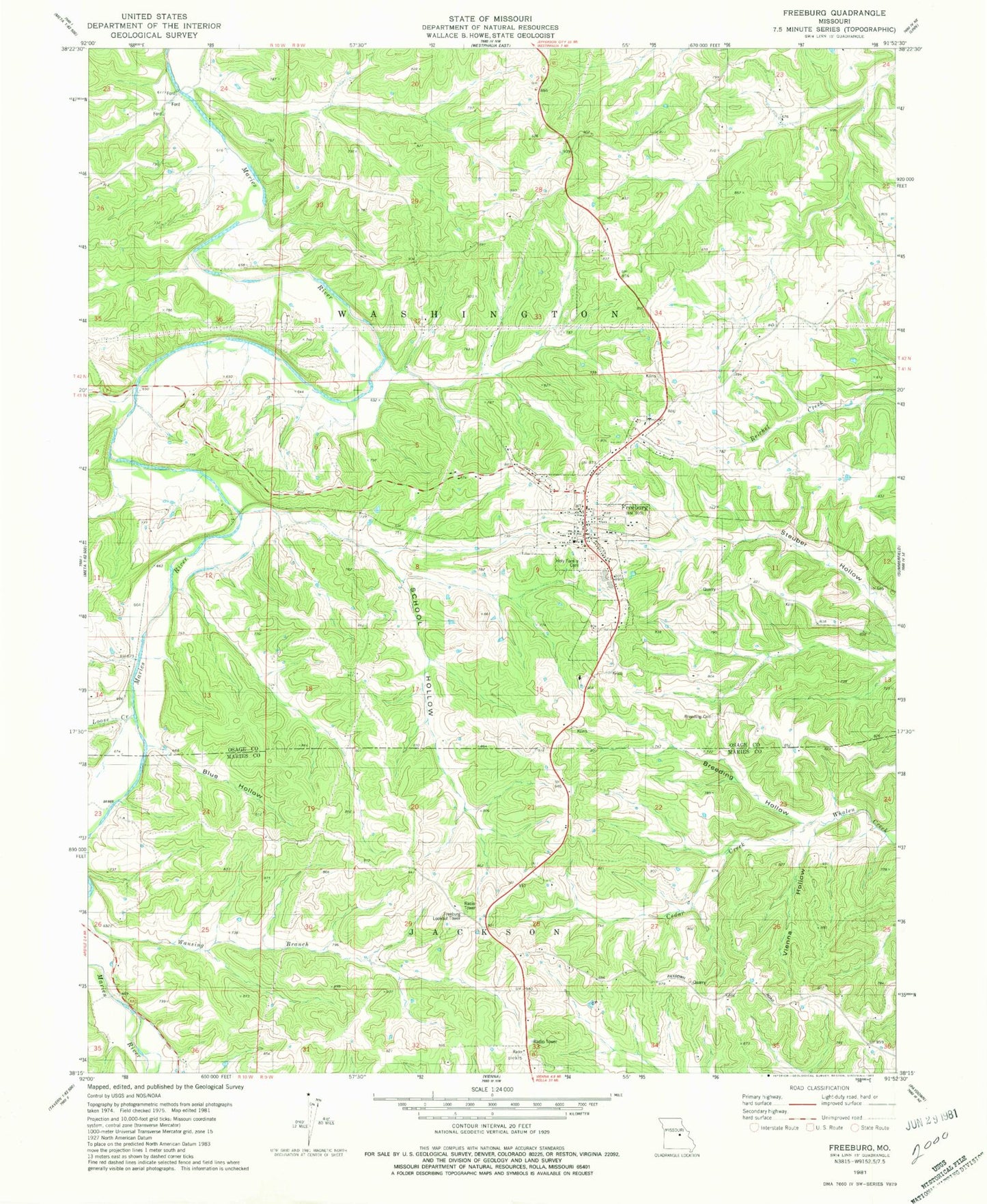Classic USGS Freeburg Missouri 7.5'x7.5' Topo Map Image