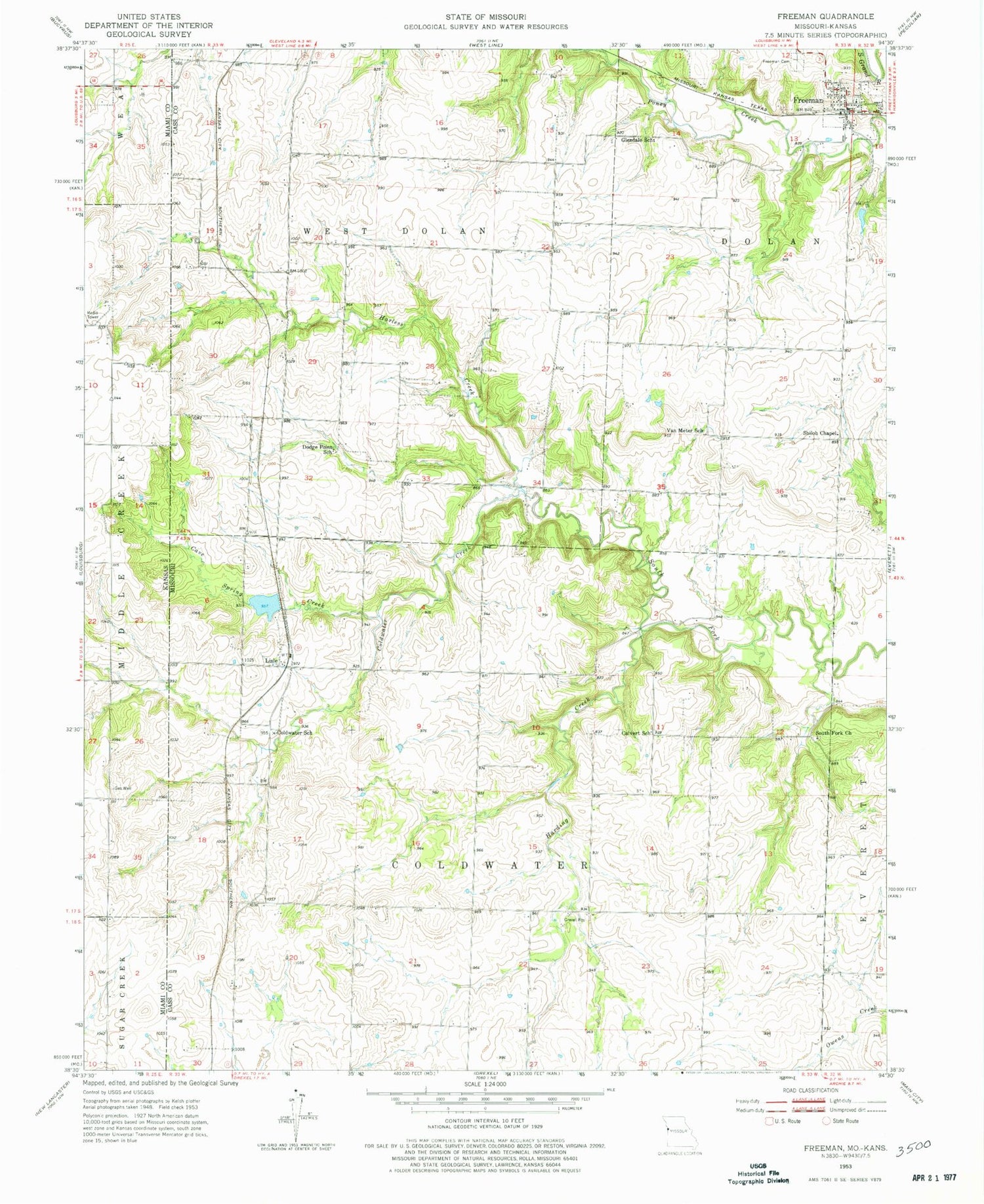 Classic USGS Freeman Missouri 7.5'x7.5' Topo Map Image