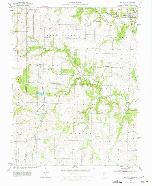 Classic USGS Freeman Missouri 7.5'x7.5' Topo Map Image
