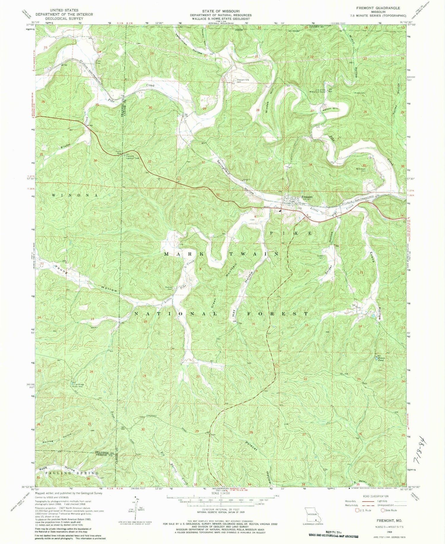 Classic USGS Fremont Missouri 7.5'x7.5' Topo Map Image