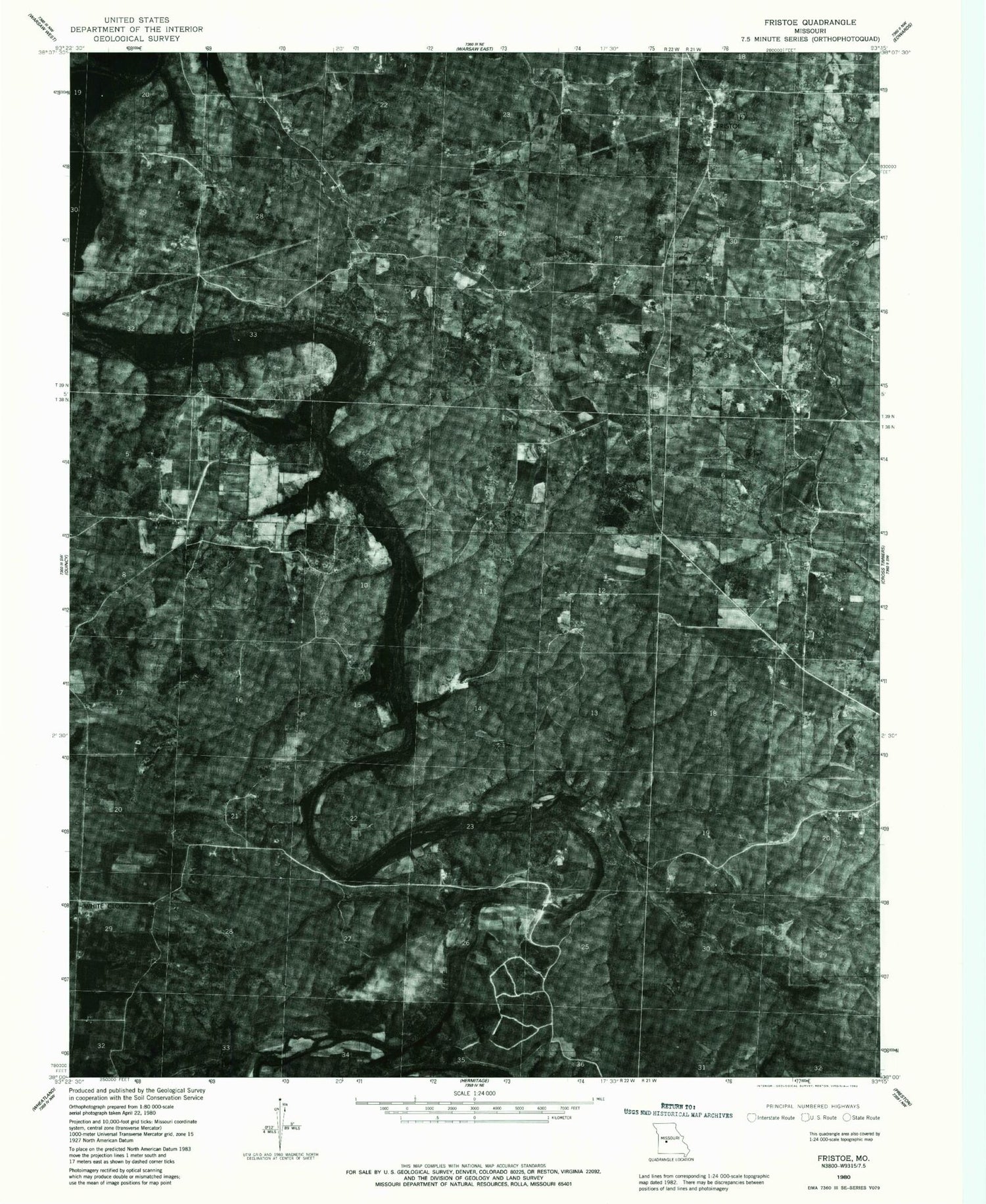 Classic USGS Fristoe Missouri 7.5'x7.5' Topo Map Image