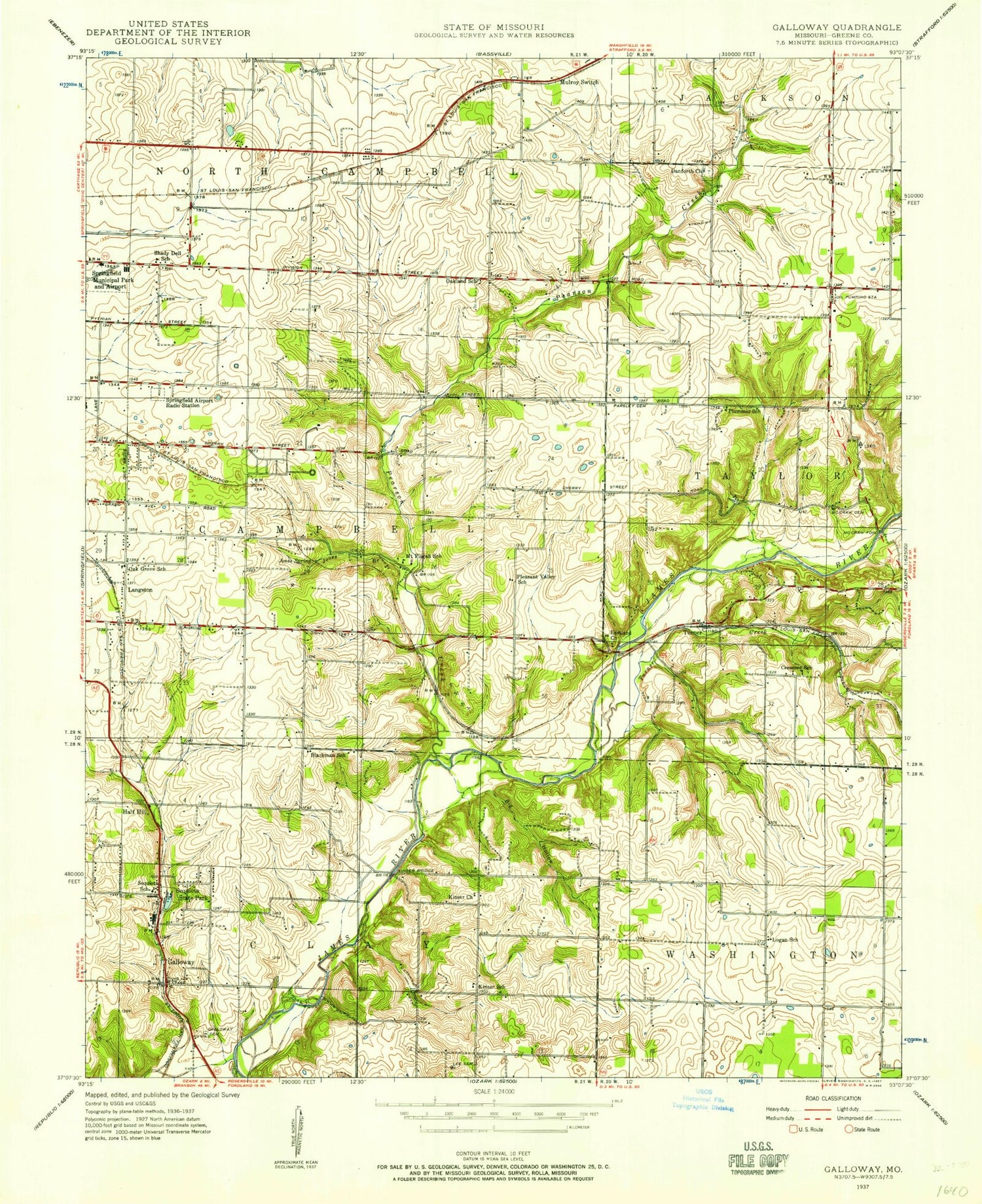 Classic USGS Galloway Missouri 7.5'x7.5' Topo Map Image
