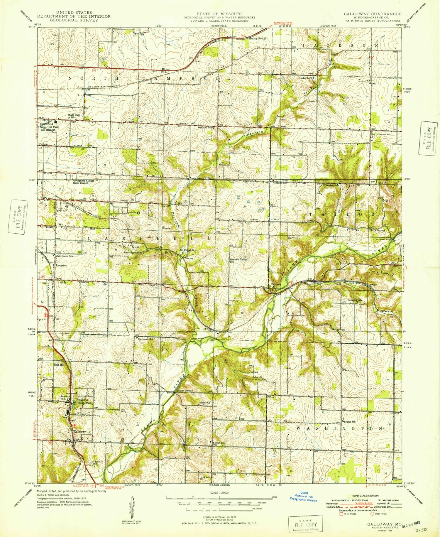 Classic USGS Galloway Missouri 7.5'x7.5' Topo Map Image