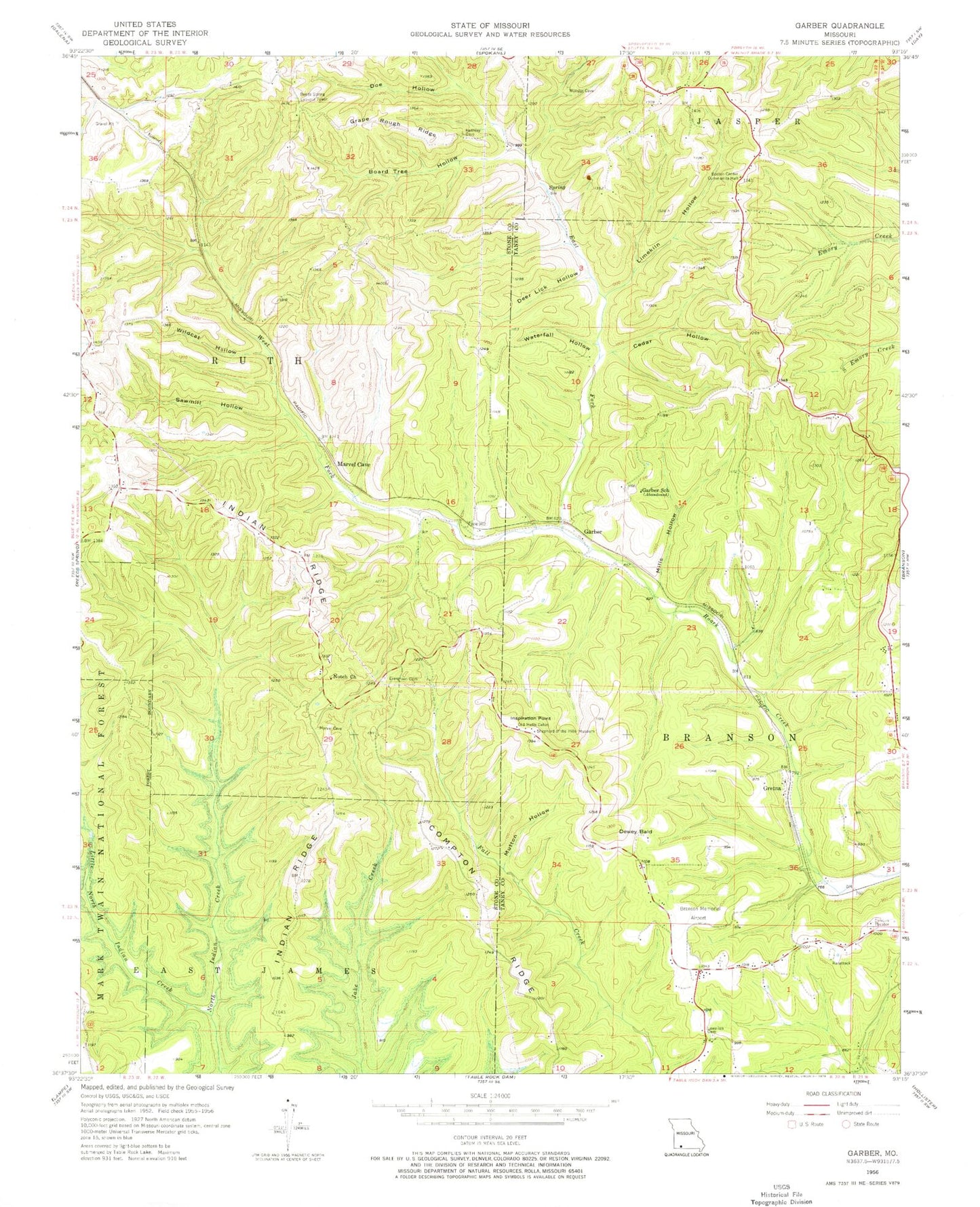 Classic USGS Garber Missouri 7.5'x7.5' Topo Map Image