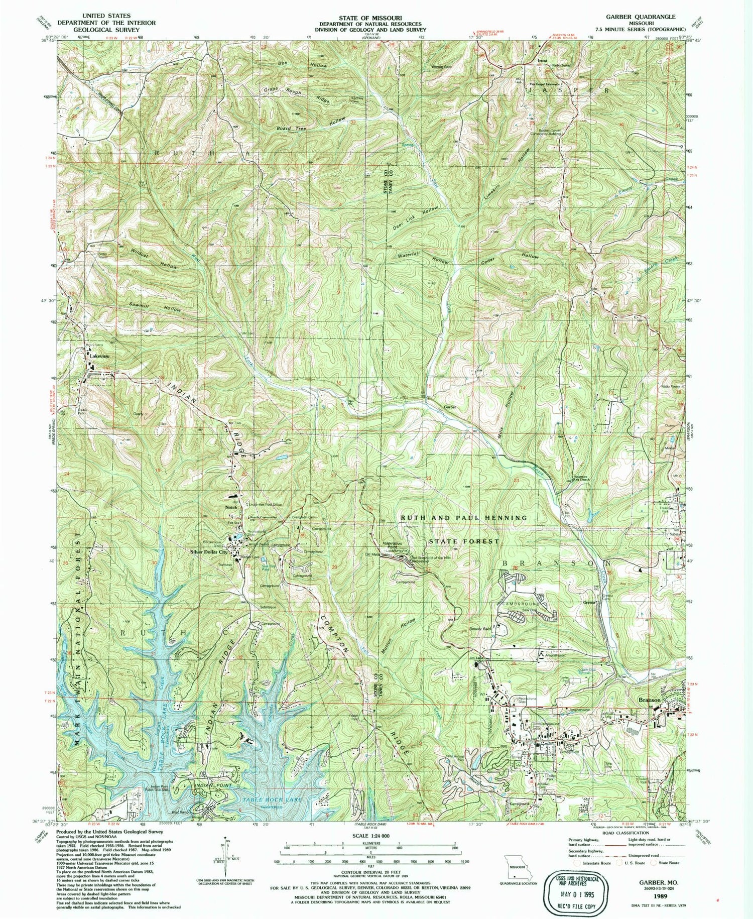 Classic USGS Garber Missouri 7.5'x7.5' Topo Map Image