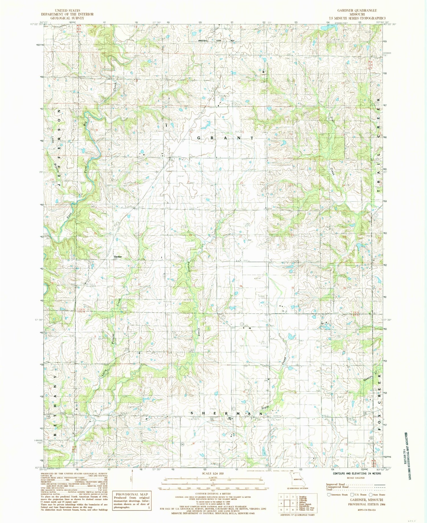 Classic USGS Gardner Missouri 7.5'x7.5' Topo Map Image
