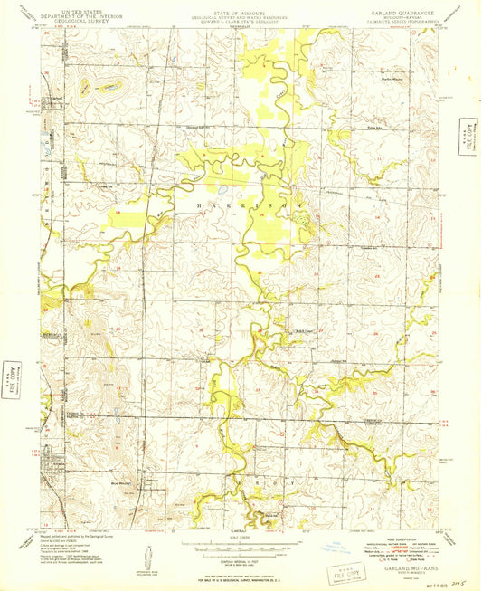 Classic USGS Garland Kansas 7.5'x7.5' Topo Map Image