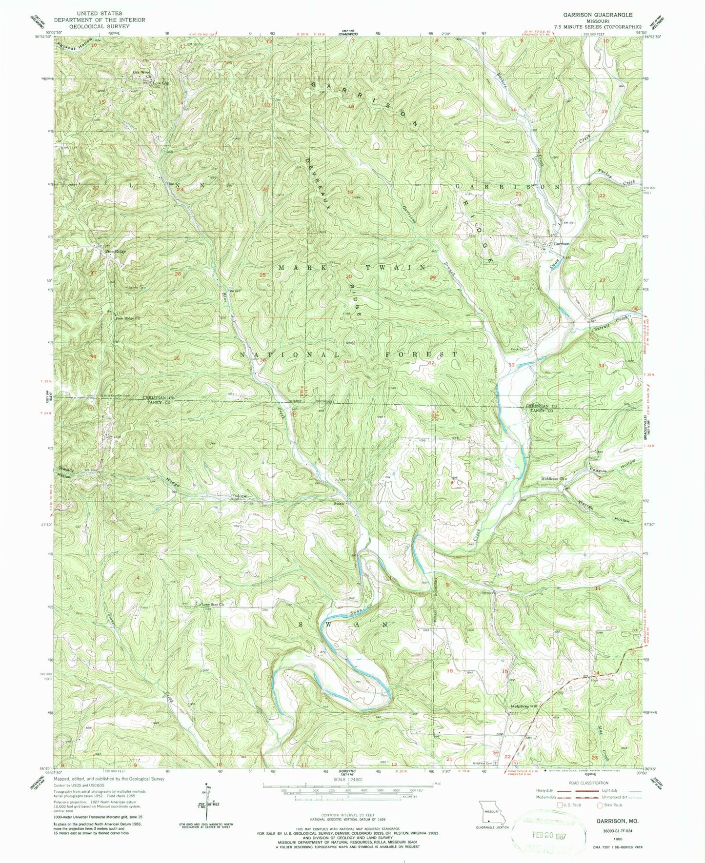 Classic USGS Garrison Missouri 7.5'x7.5' Topo Map Image
