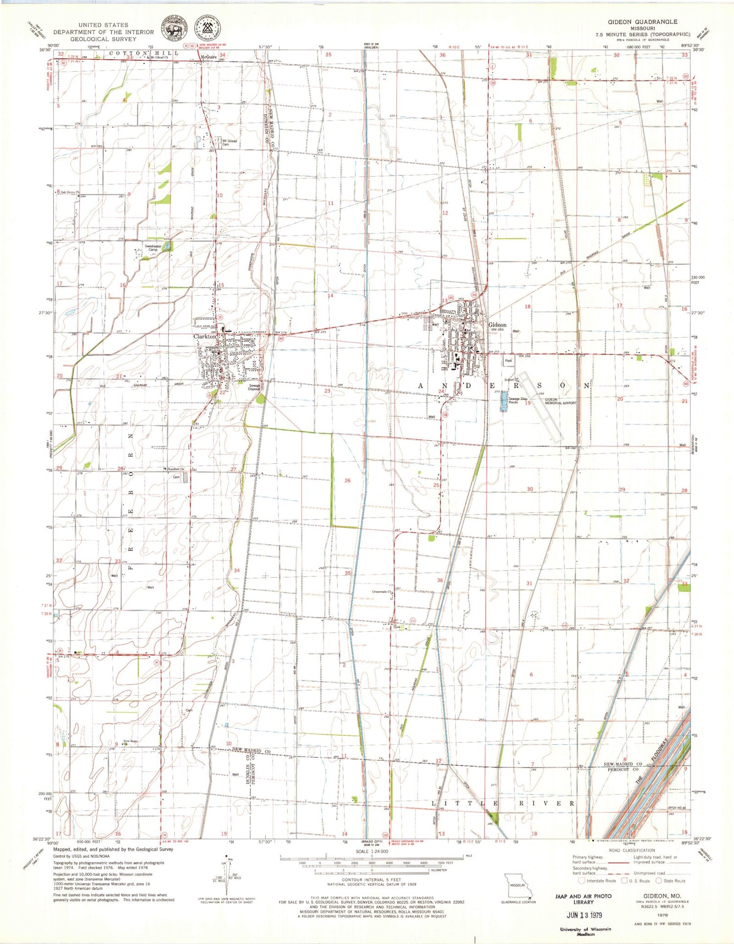 Classic USGS Gideon Missouri 7.5'x7.5' Topo Map Image