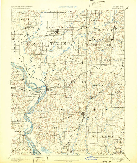 Historic 1890 Glasgow Missouri 30'x30' Topo Map Image