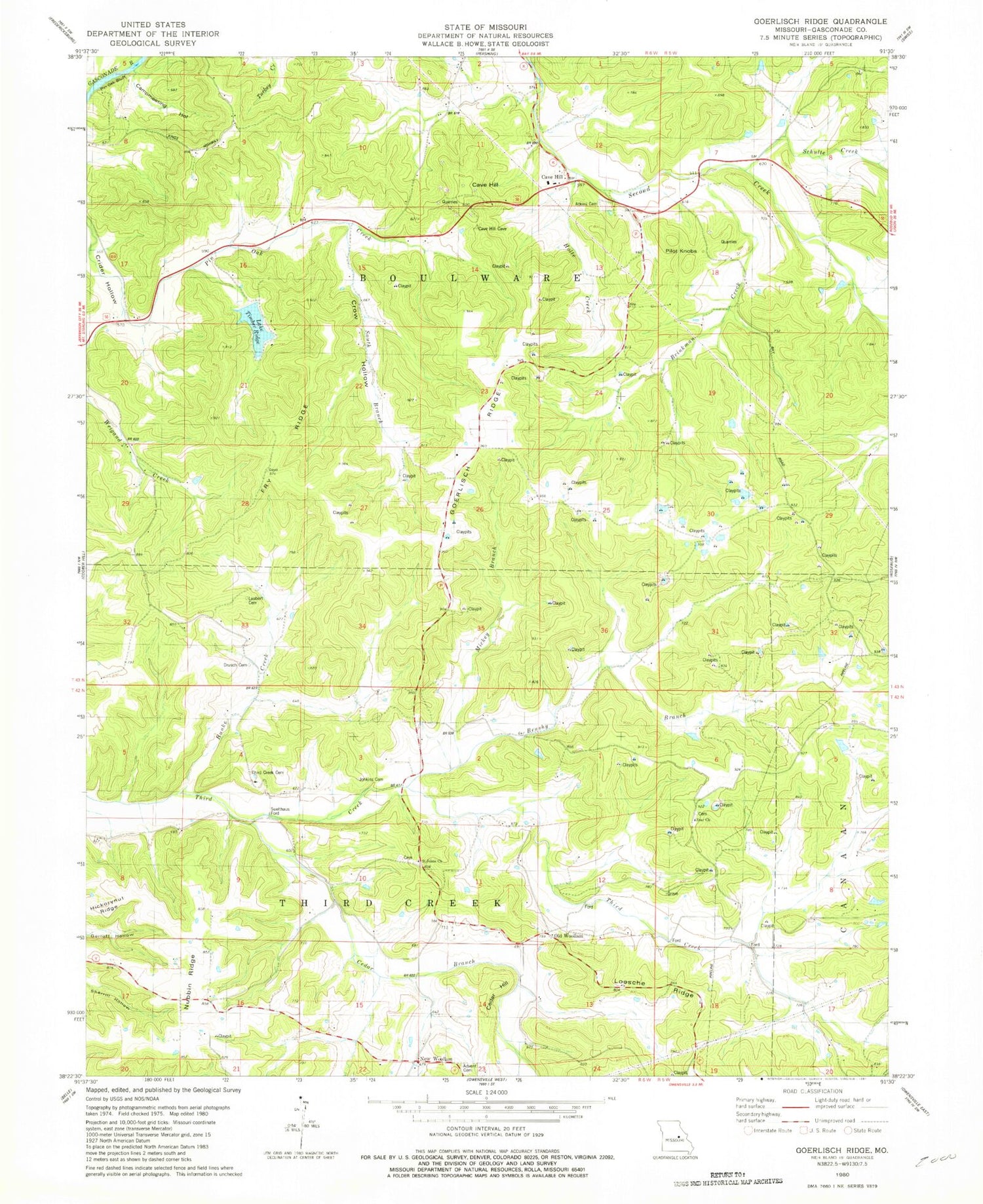 Classic USGS Goerlisch Ridge Missouri 7.5'x7.5' Topo Map Image
