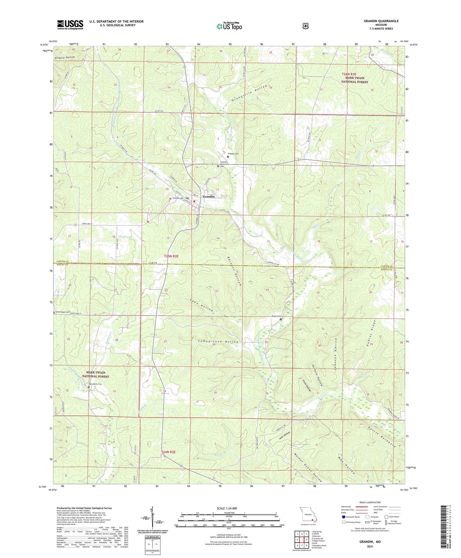 Grandin Missouri US Topo Map Image