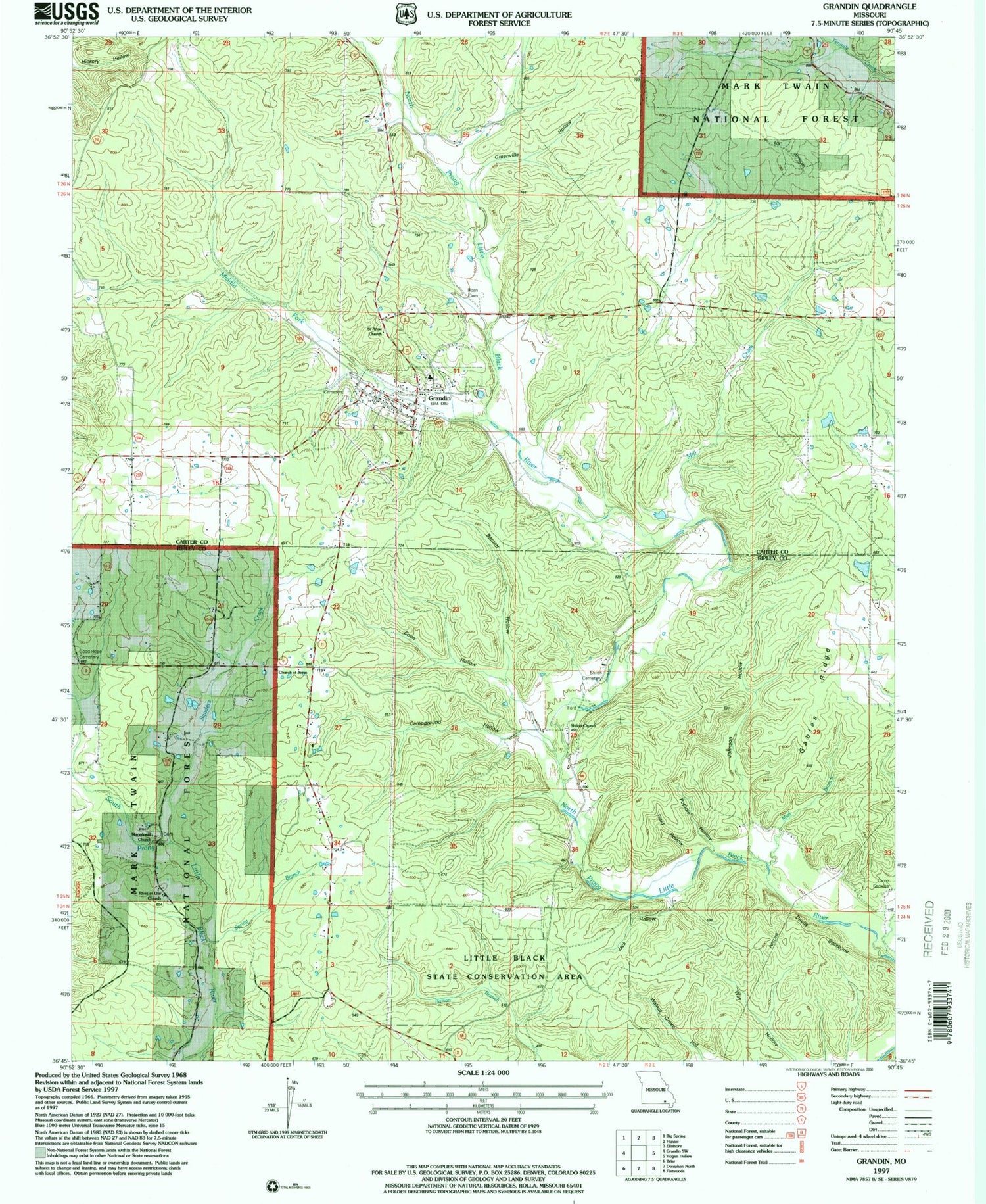Classic USGS Grandin Missouri 7.5'x7.5' Topo Map Image